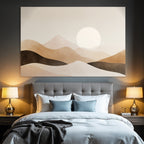 Minimalistische Landschaft Mit Sanften Bergen Und Grosser Sonne In Beige Braun Creme