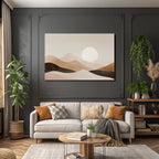 Minimalistische Landschaft Mit Sanften Bergen Und Grosser Sonne In Beige Braun Creme