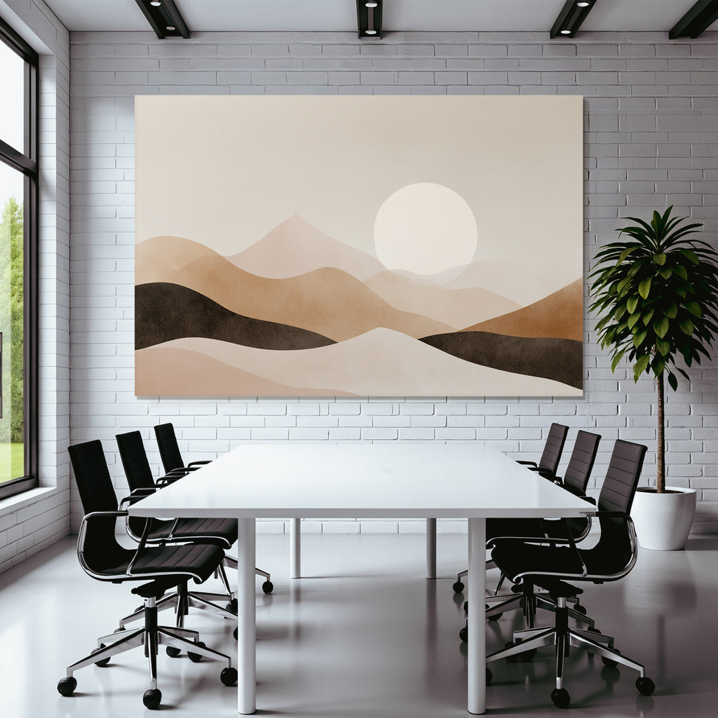 Minimalistische Landschaft Mit Sanften Bergen Und Grosser Sonne In Beige Braun Creme