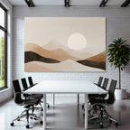 Minimalistische Landschaft Mit Sanften Bergen Und Grosser Sonne In Beige Braun Creme