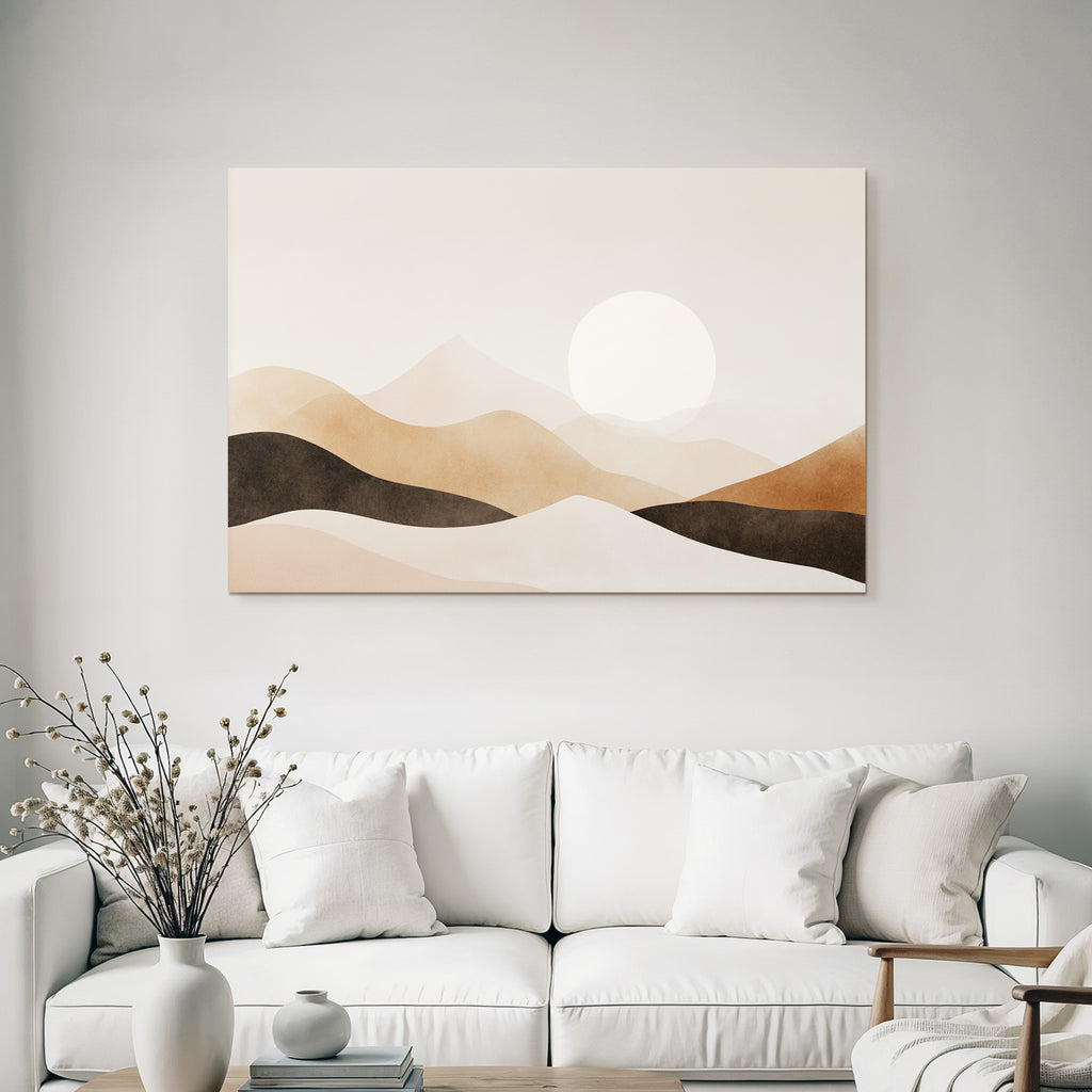 Minimalistische Landschaft Mit Sanften Bergen Und Grosser Sonne In Beige Braun Creme
