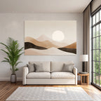 Minimalistische Landschaft Mit Sanften Bergen Und Grosser Sonne In Beige Braun Creme