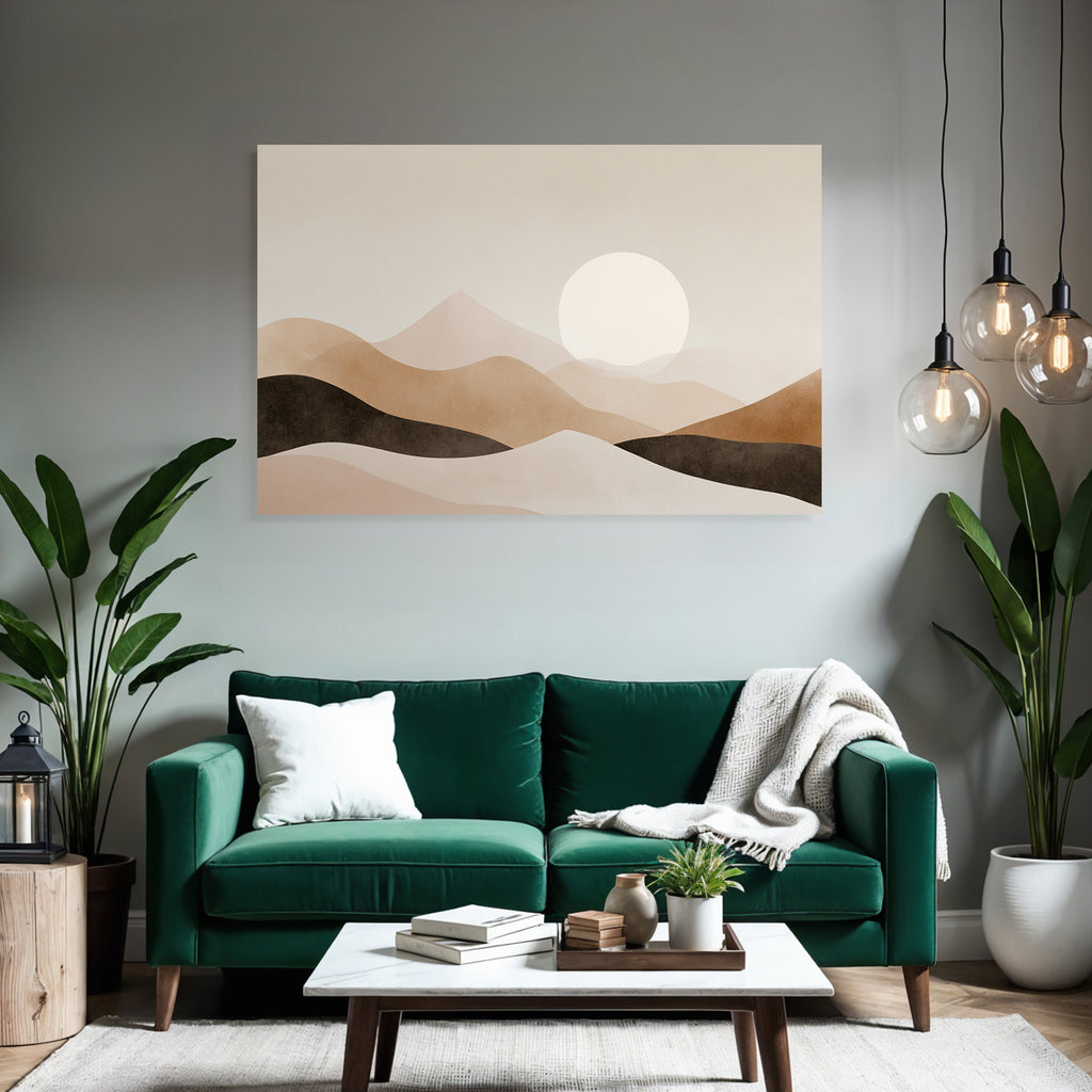 Minimalistische Landschaft Mit Sanften Bergen Und Grosser Sonne In Beige Braun Creme