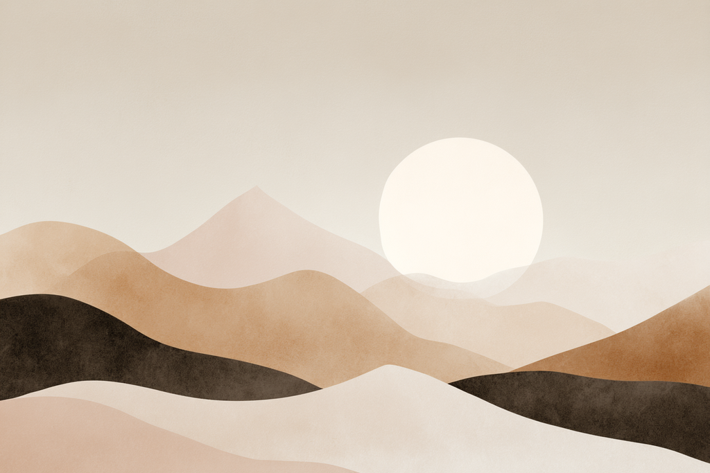 Minimalistische Landschaft Mit Sanften Bergen Und Grosser Sonne In Beige Braun Creme | Japandi | Einrichtungsstile