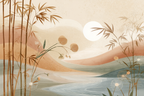 Natural Landscape Bamboo Flowers Hills Sun Pastel Colors Aspect Ratio | Japandi | Einrichtungsstile