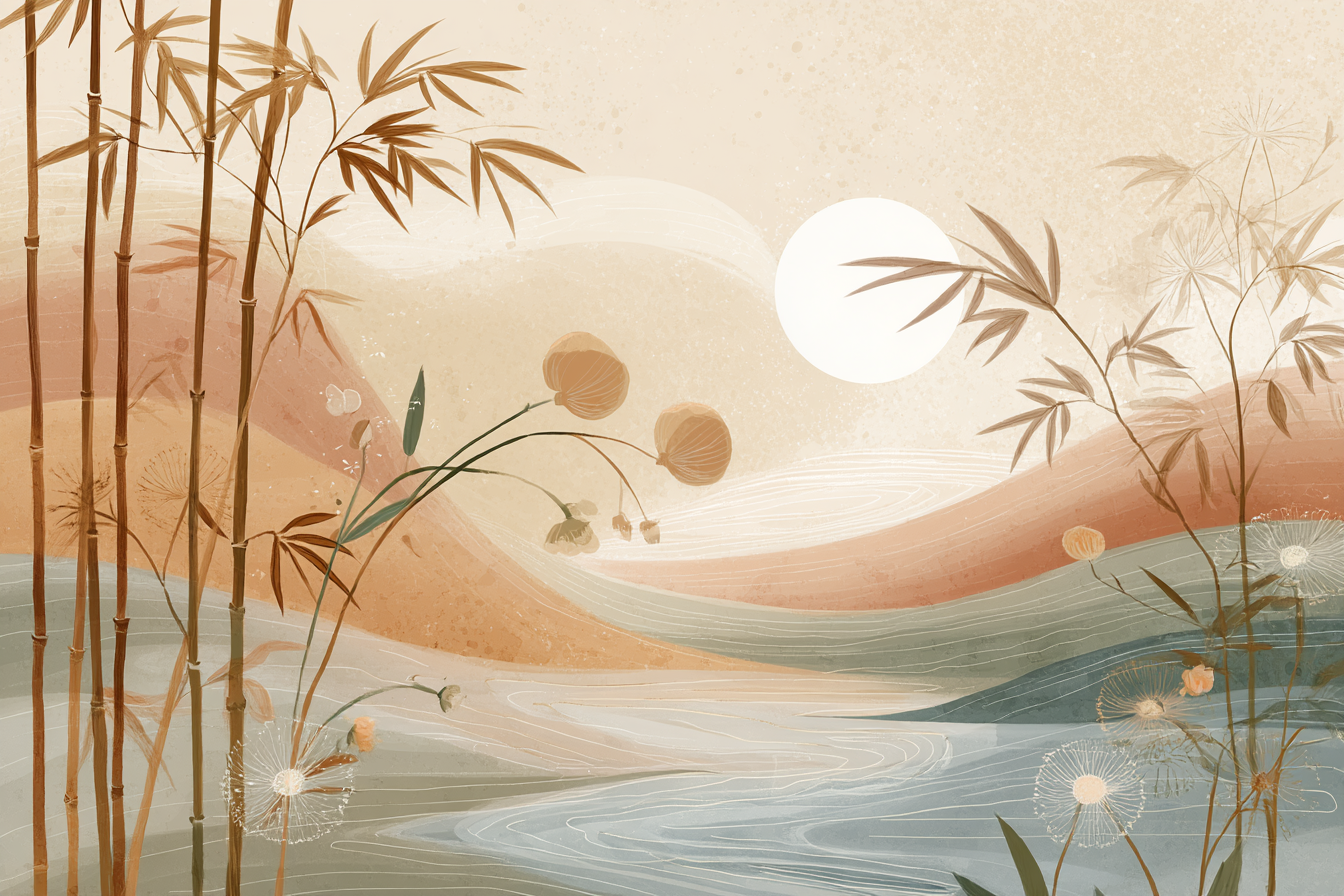 Natural Landscape Bamboo Flowers Hills Sun Pastel Colors Aspect Ratio | Japandi | Einrichtungsstile