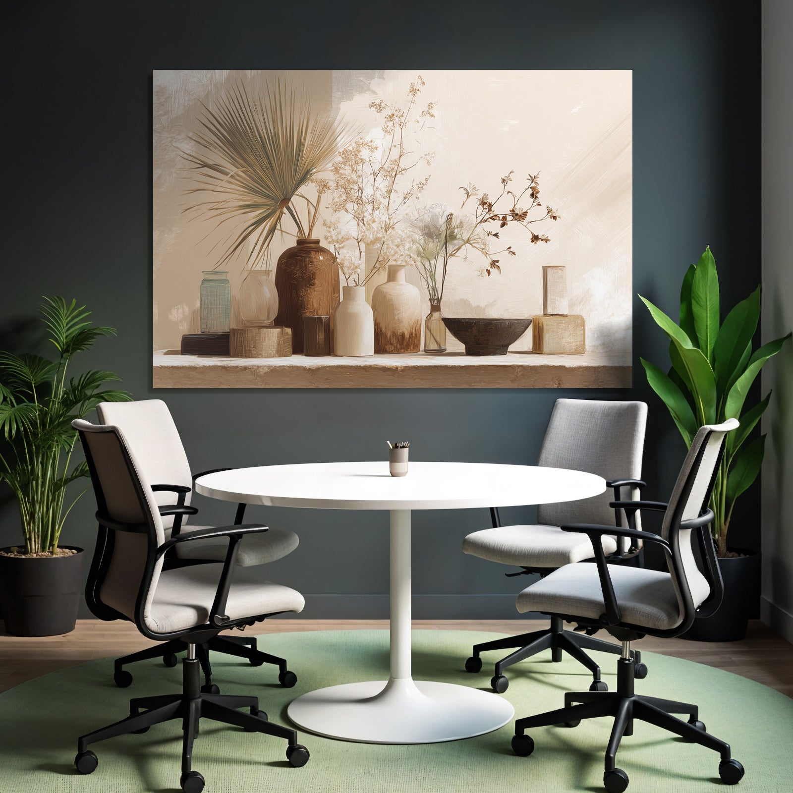 Still Life Vases Flowers Leaves Neutral Background Aspect Ratio