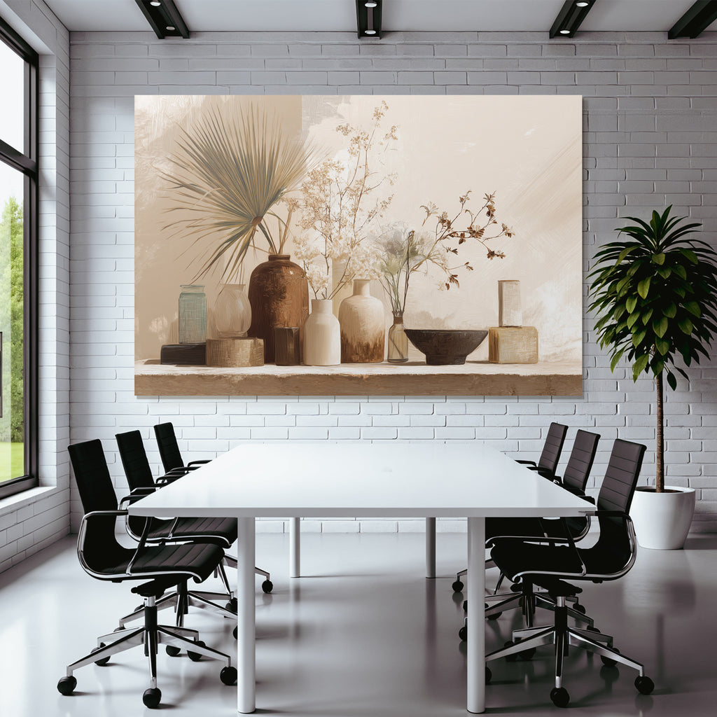 Still Life Vases Flowers Leaves Neutral Background Aspect Ratio