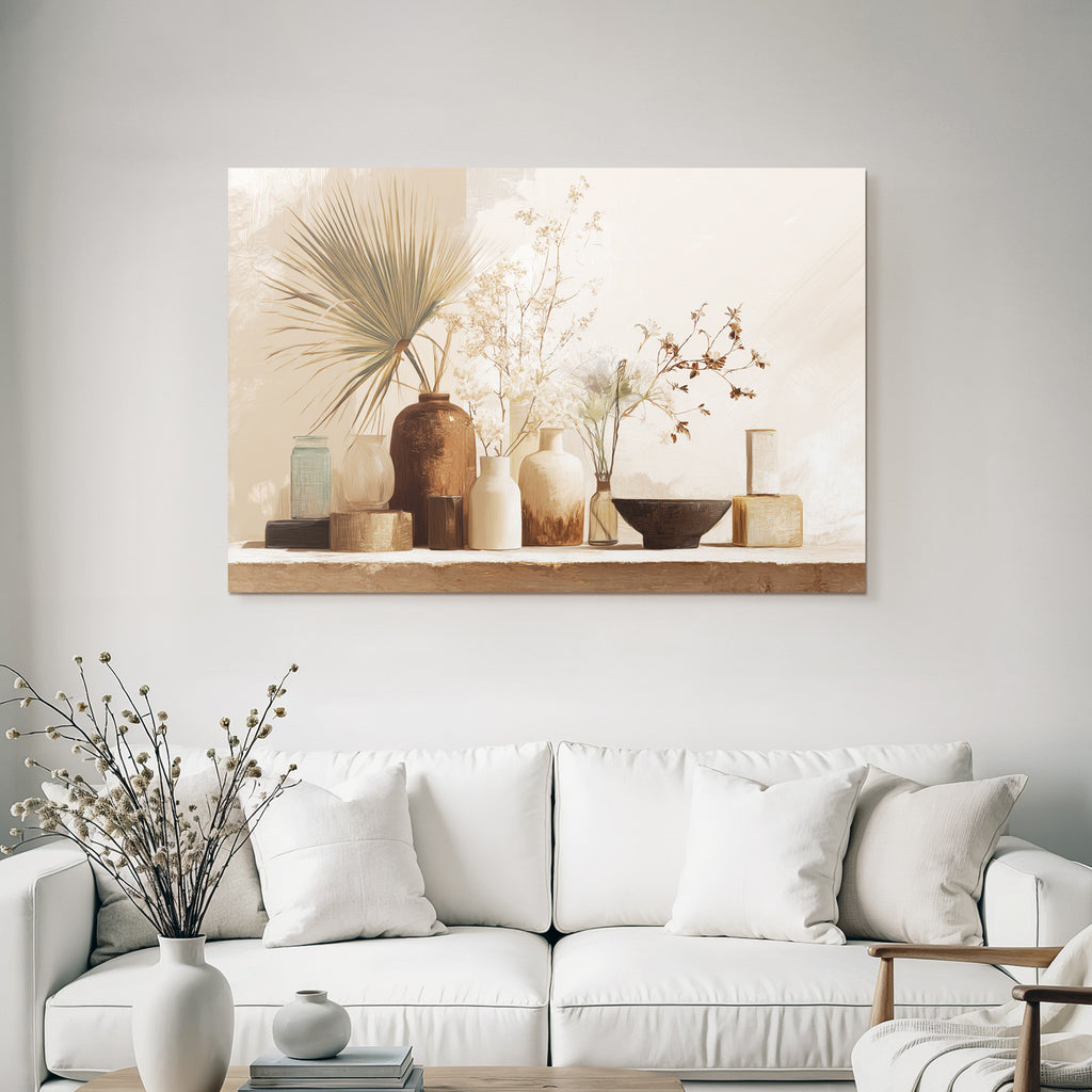 Still Life Vases Flowers Leaves Neutral Background Aspect Ratio