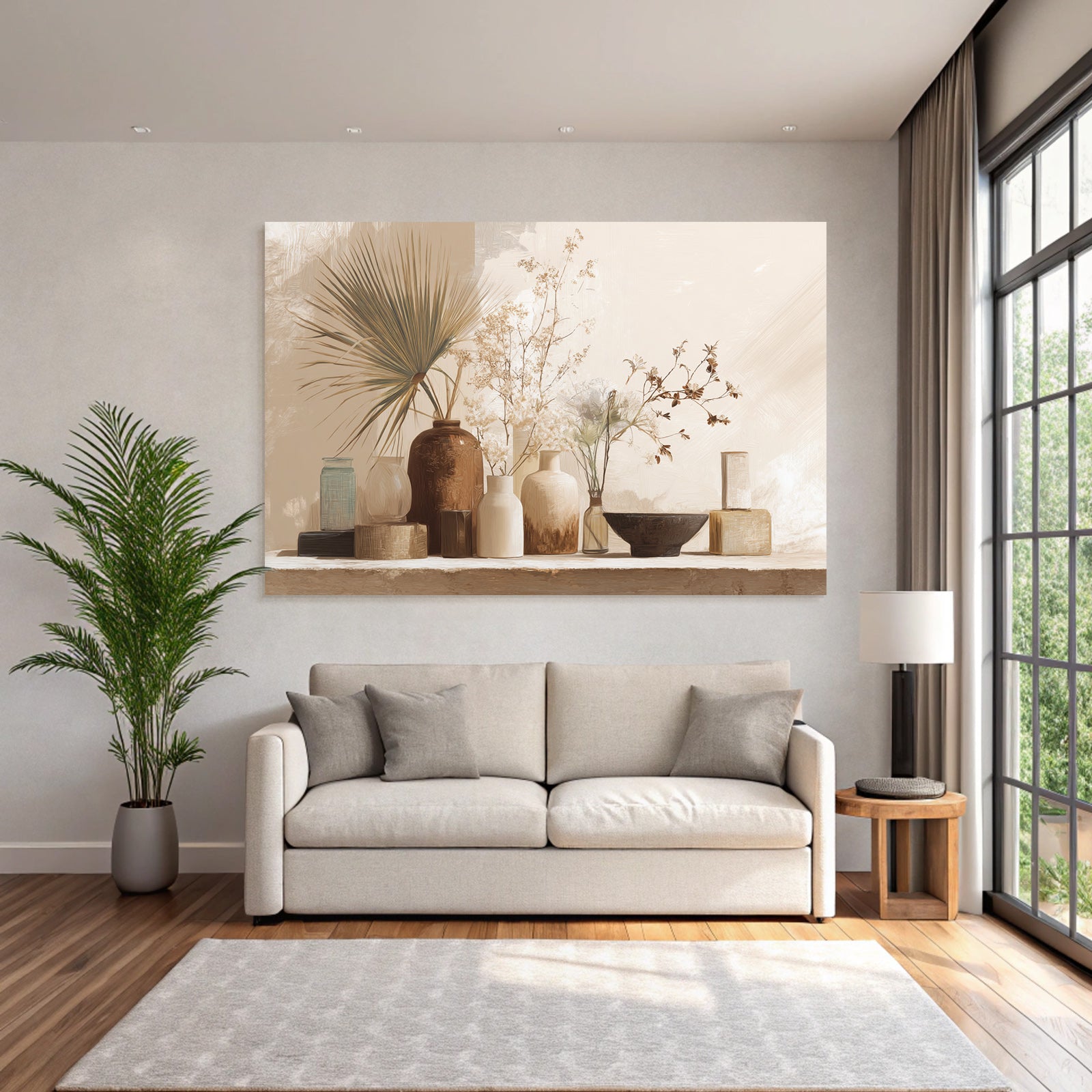 Still Life Vases Flowers Leaves Neutral Background Aspect Ratio