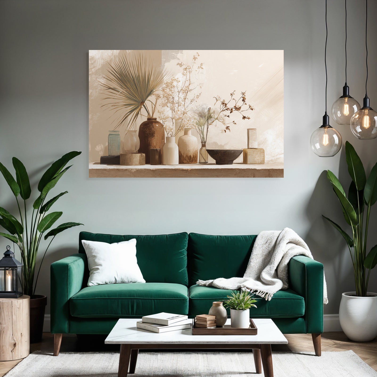 Still Life Vases Flowers Leaves Neutral Background Aspect Ratio