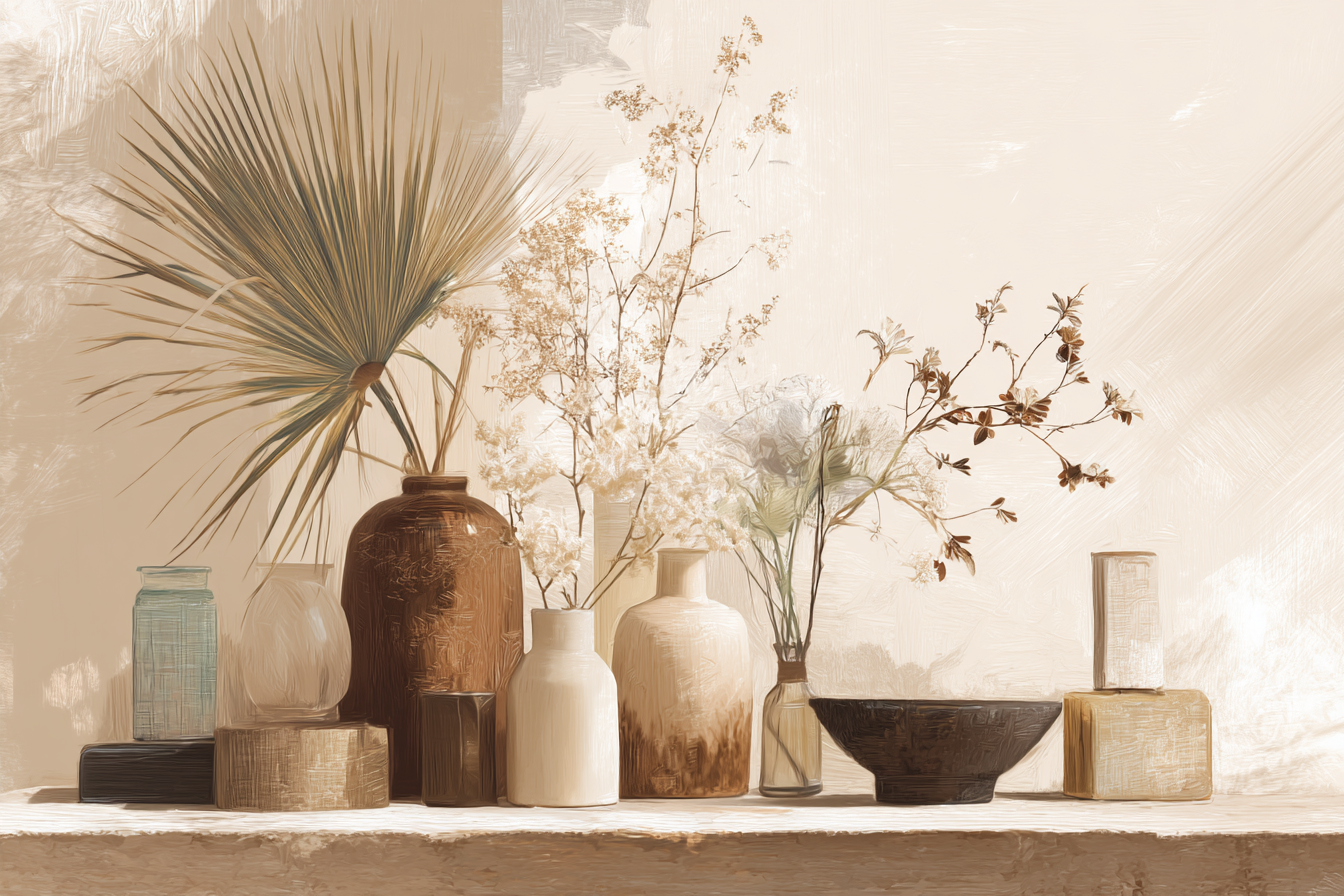 Still Life Vases Flowers Leaves Neutral Background Aspect Ratio | Japandi | Einrichtungsstile