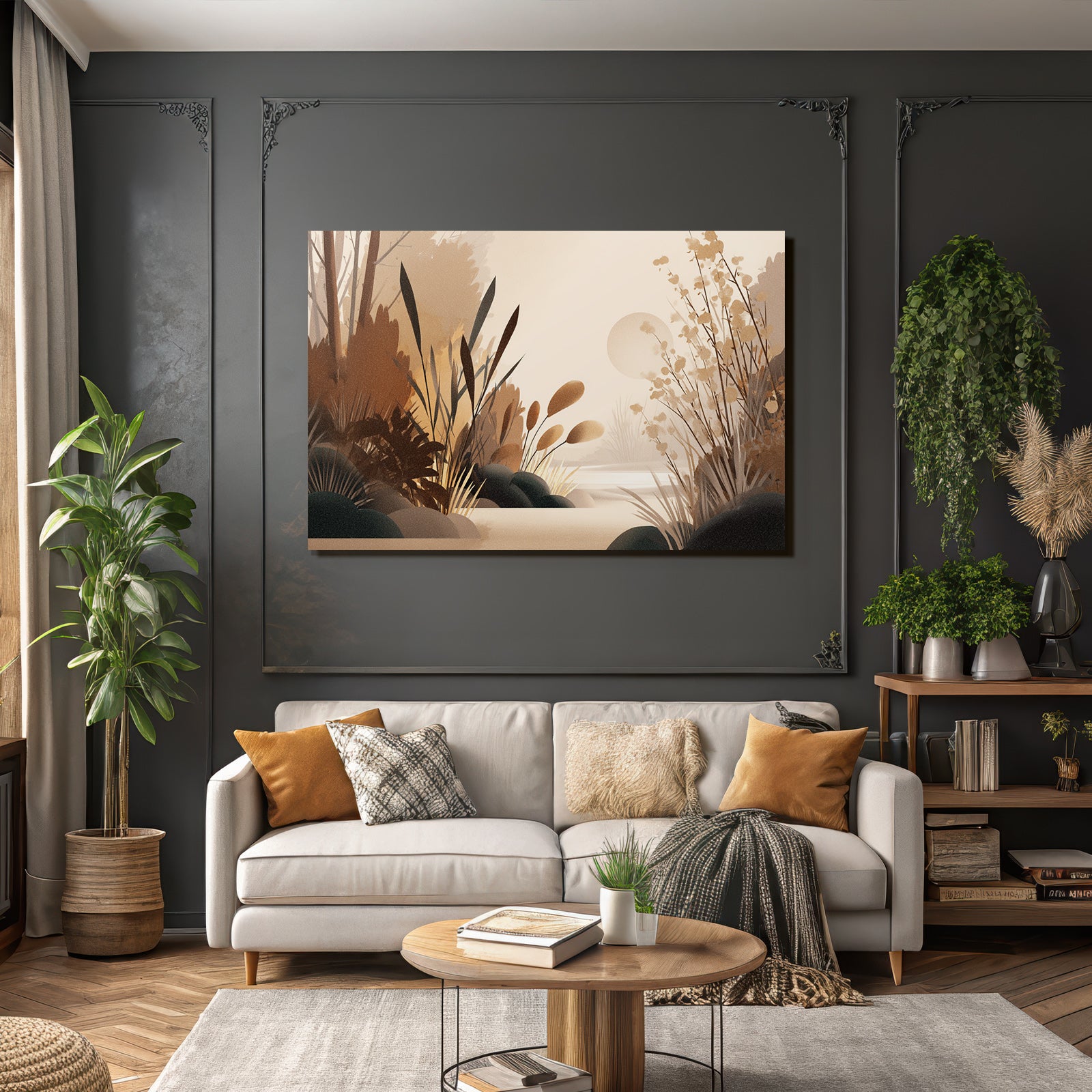 Stylisierte Illustration Einer Natuerlichen Landschaft Mit Pflanzen Und Sonnenlicht