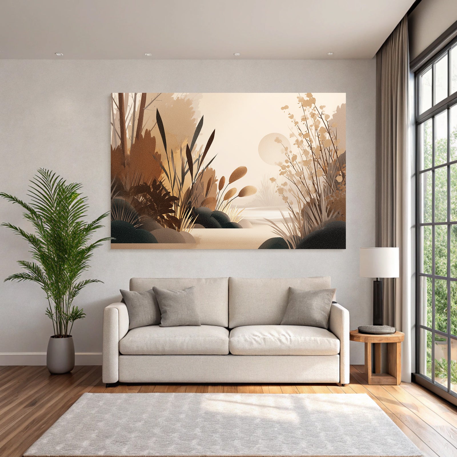 Stylisierte Illustration Einer Natuerlichen Landschaft Mit Pflanzen Und Sonnenlicht