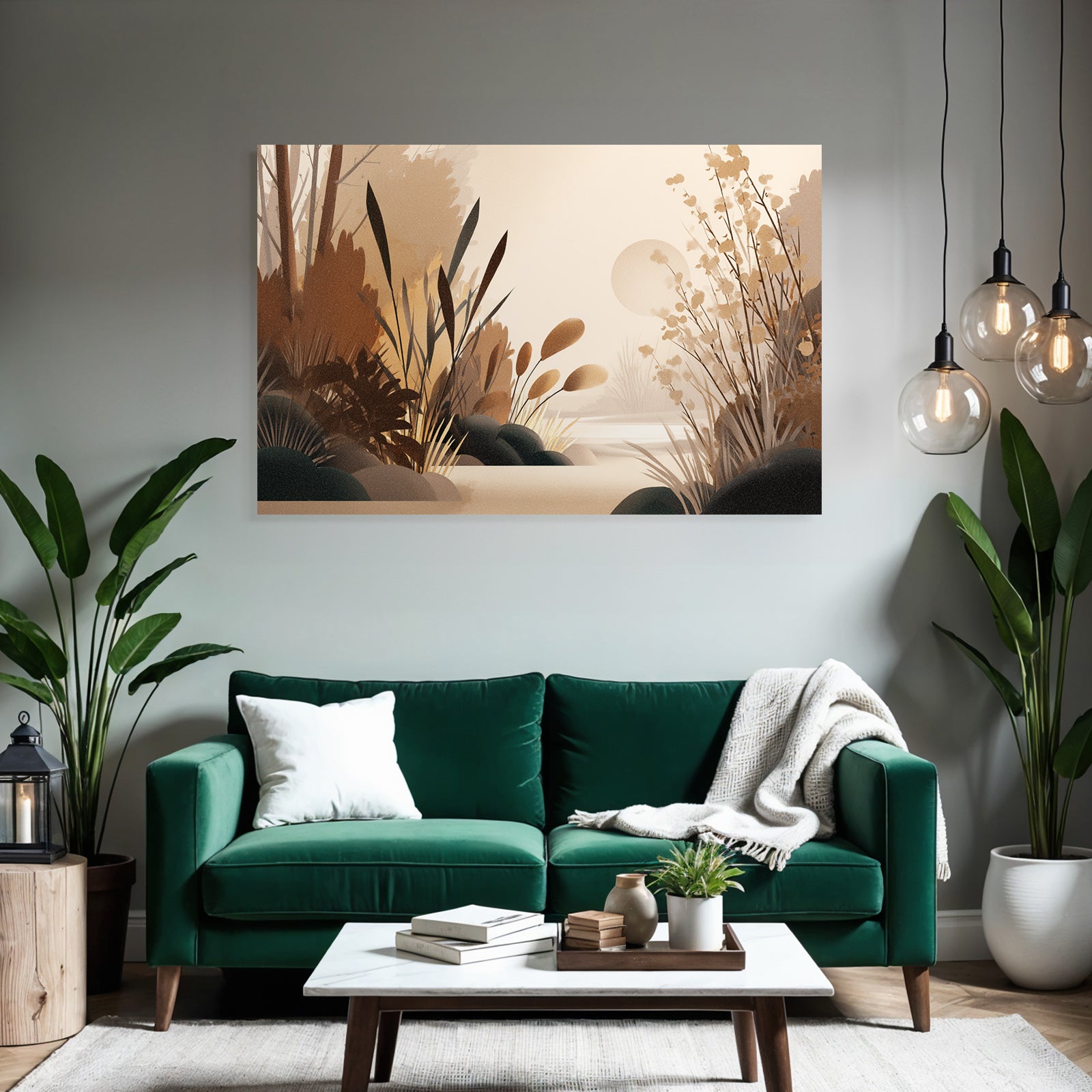 Stylisierte Illustration Einer Natuerlichen Landschaft Mit Pflanzen Und Sonnenlicht