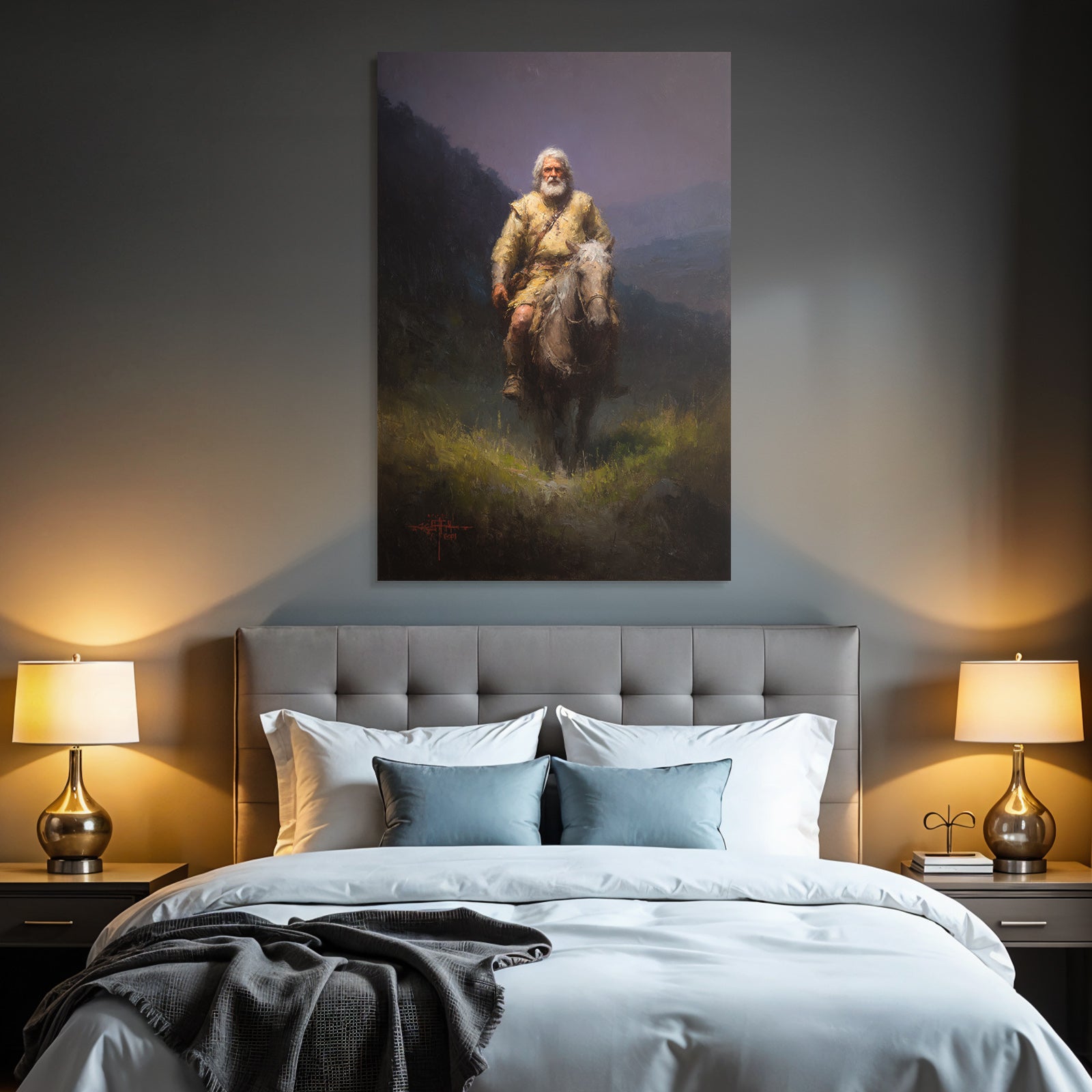 Alter Mann Reitet Pferd Durch Landschaft Mit Bergen