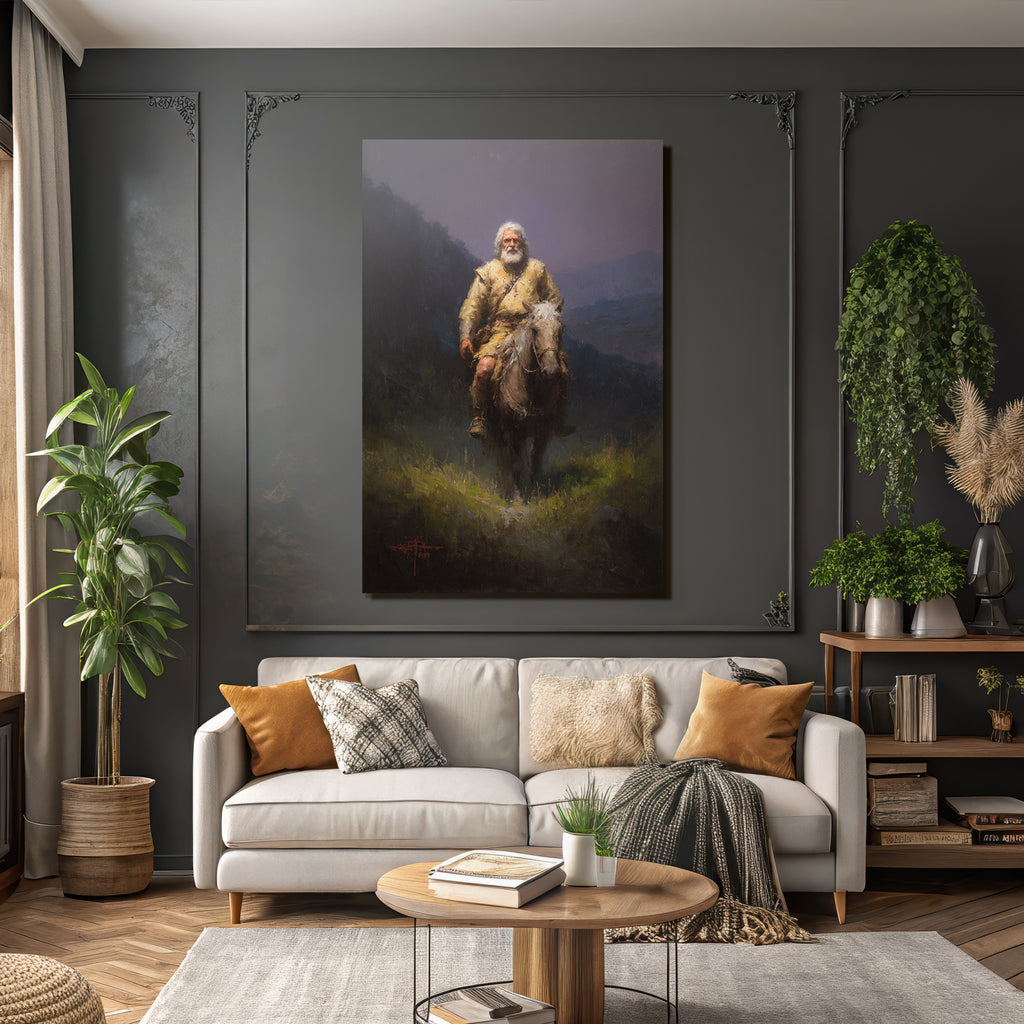 Alter Mann Reitet Pferd Durch Landschaft Mit Bergen