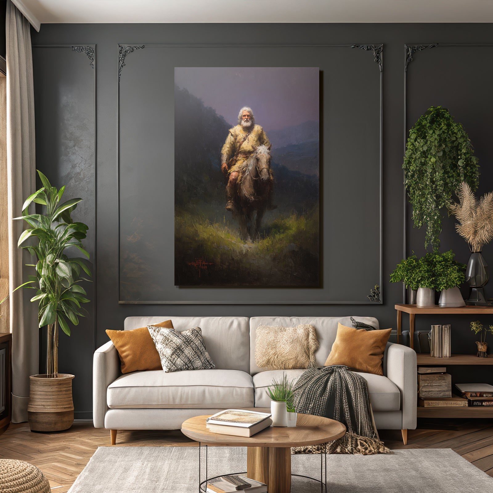Alter Mann Reitet Pferd Durch Landschaft Mit Bergen