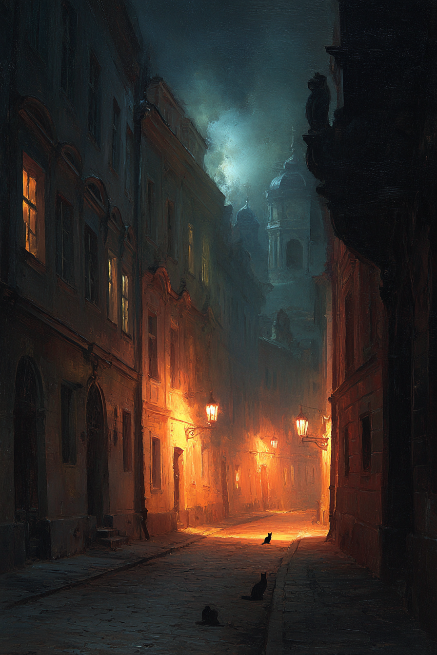 Dunkle Strasse Nacht Mit Beleuchtung Und Katzen | Klassisch | Einrichtungsstile