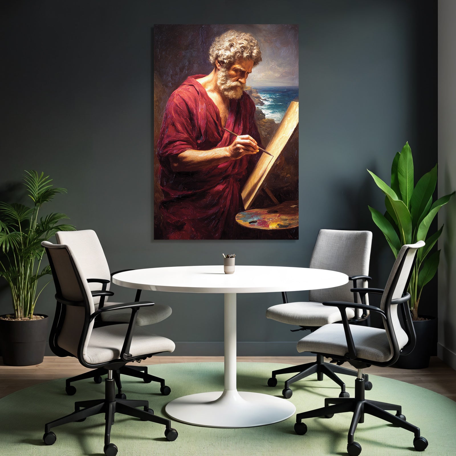 Er Kuenstler Im Roten Gewand Mit Easel Kuestenlandschaft