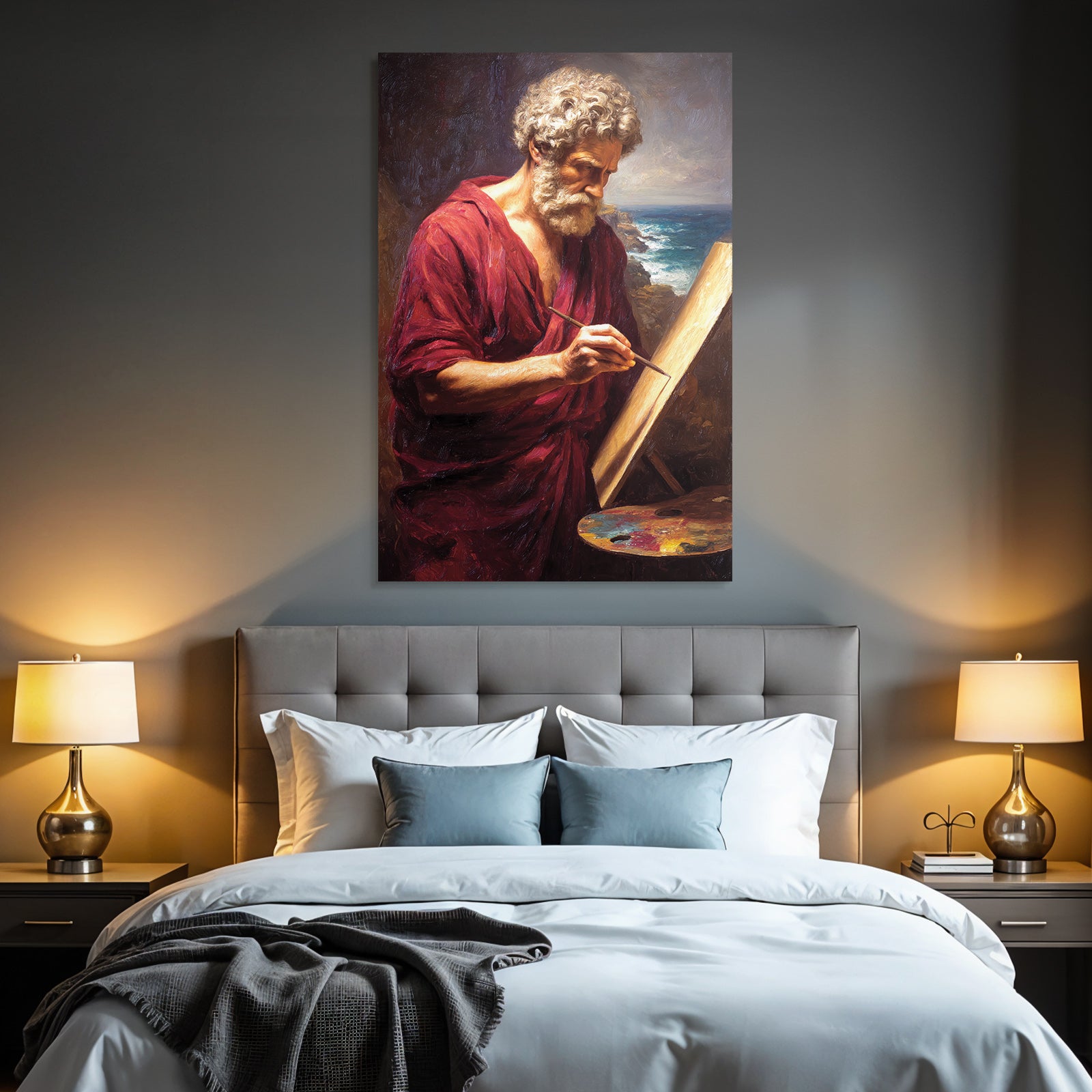 Er Kuenstler Im Roten Gewand Mit Easel Kuestenlandschaft