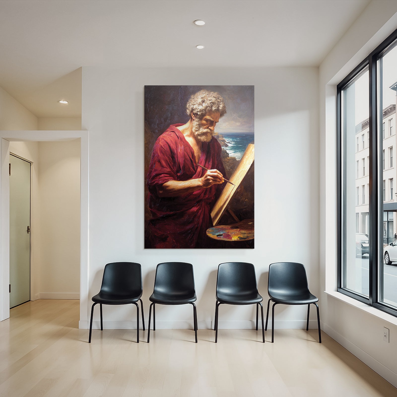 Er Kuenstler Im Roten Gewand Mit Easel Kuestenlandschaft