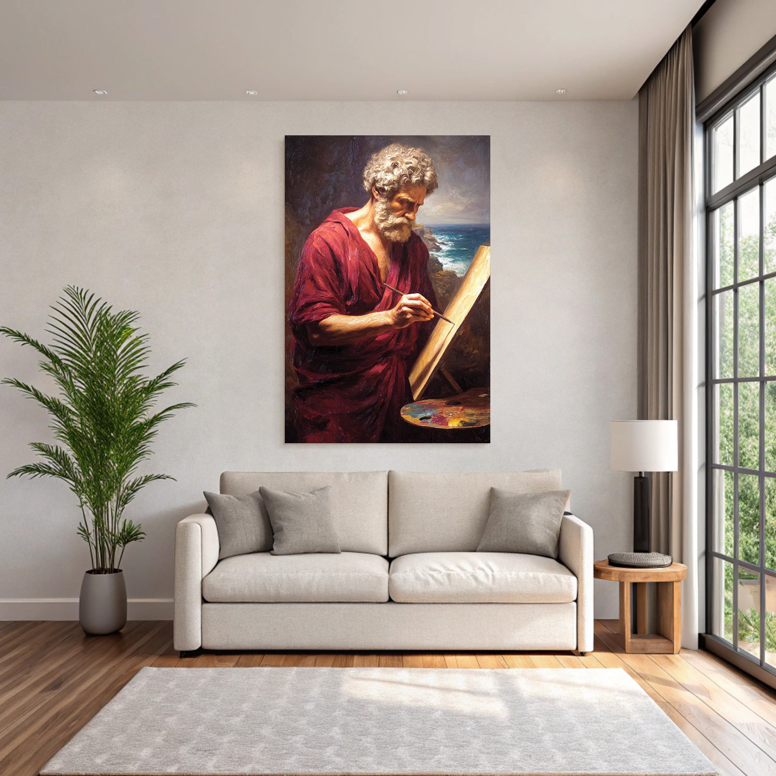 Er Kuenstler Im Roten Gewand Mit Easel Kuestenlandschaft