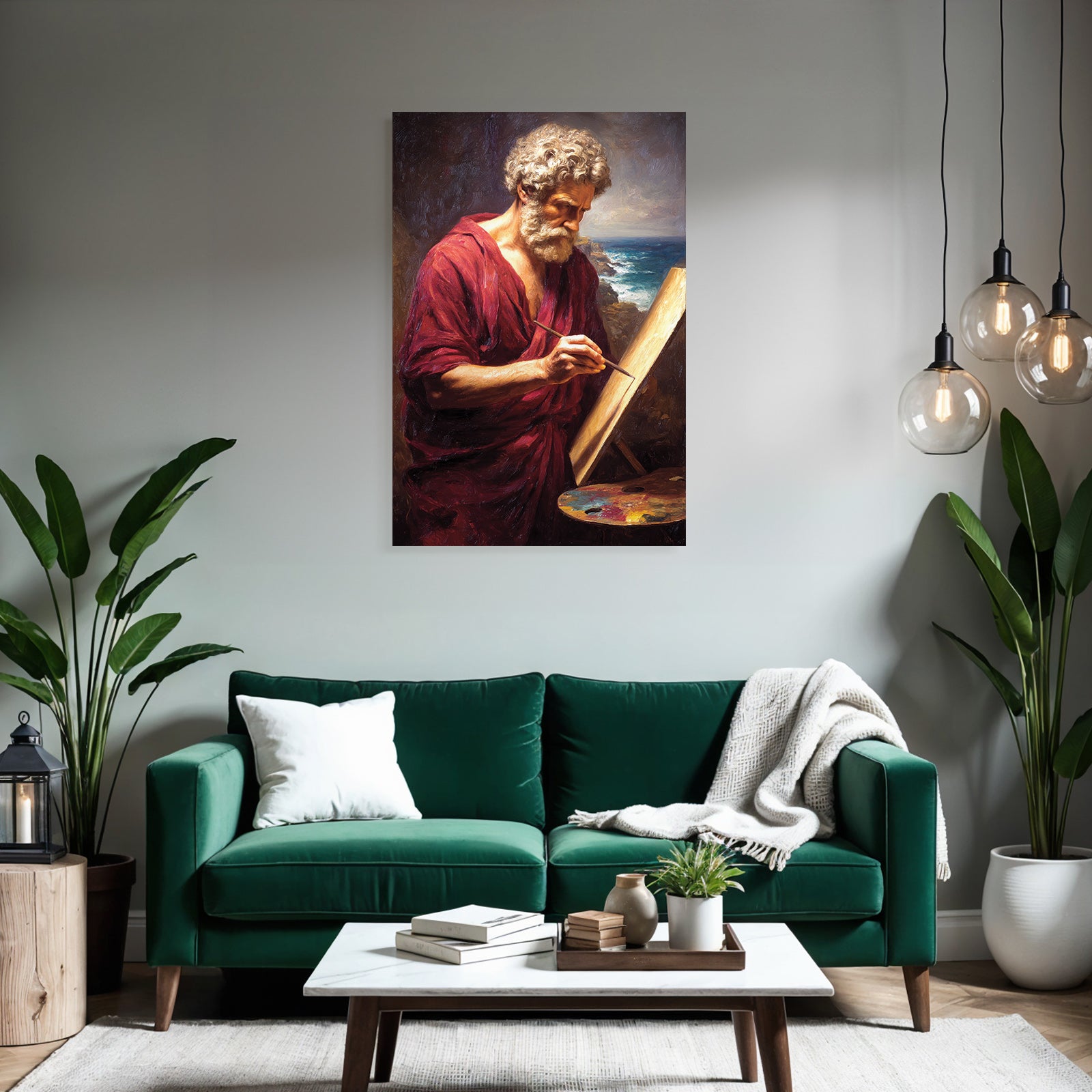 Er Kuenstler Im Roten Gewand Mit Easel Kuestenlandschaft