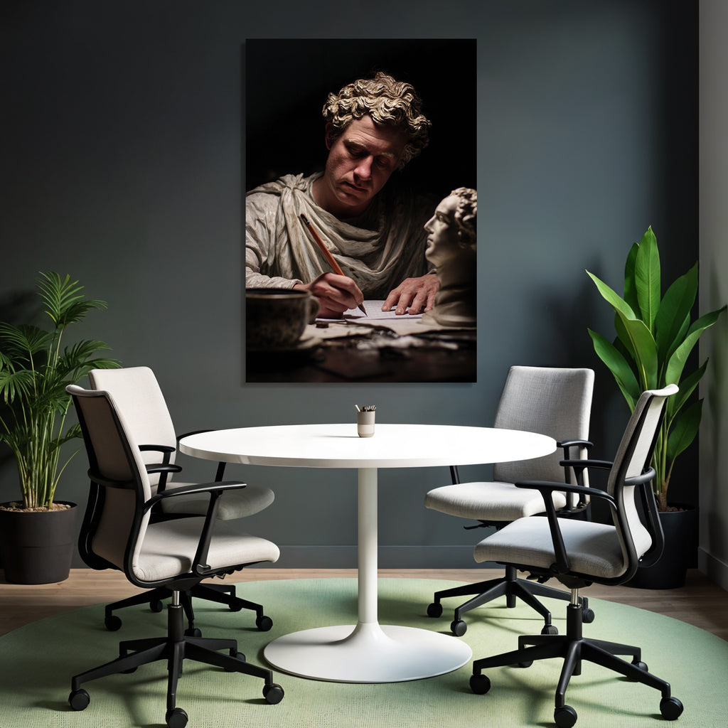 Er Schriftsteller Mit Statue Im Hintergrund Dramatisches Licht