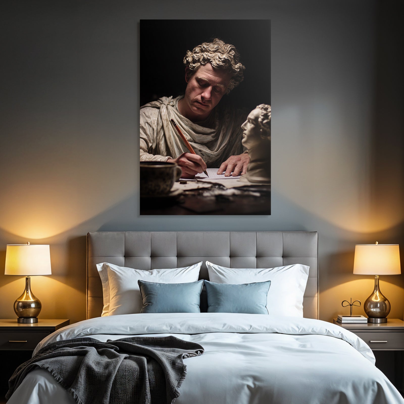 Er Schriftsteller Mit Statue Im Hintergrund Dramatisches Licht