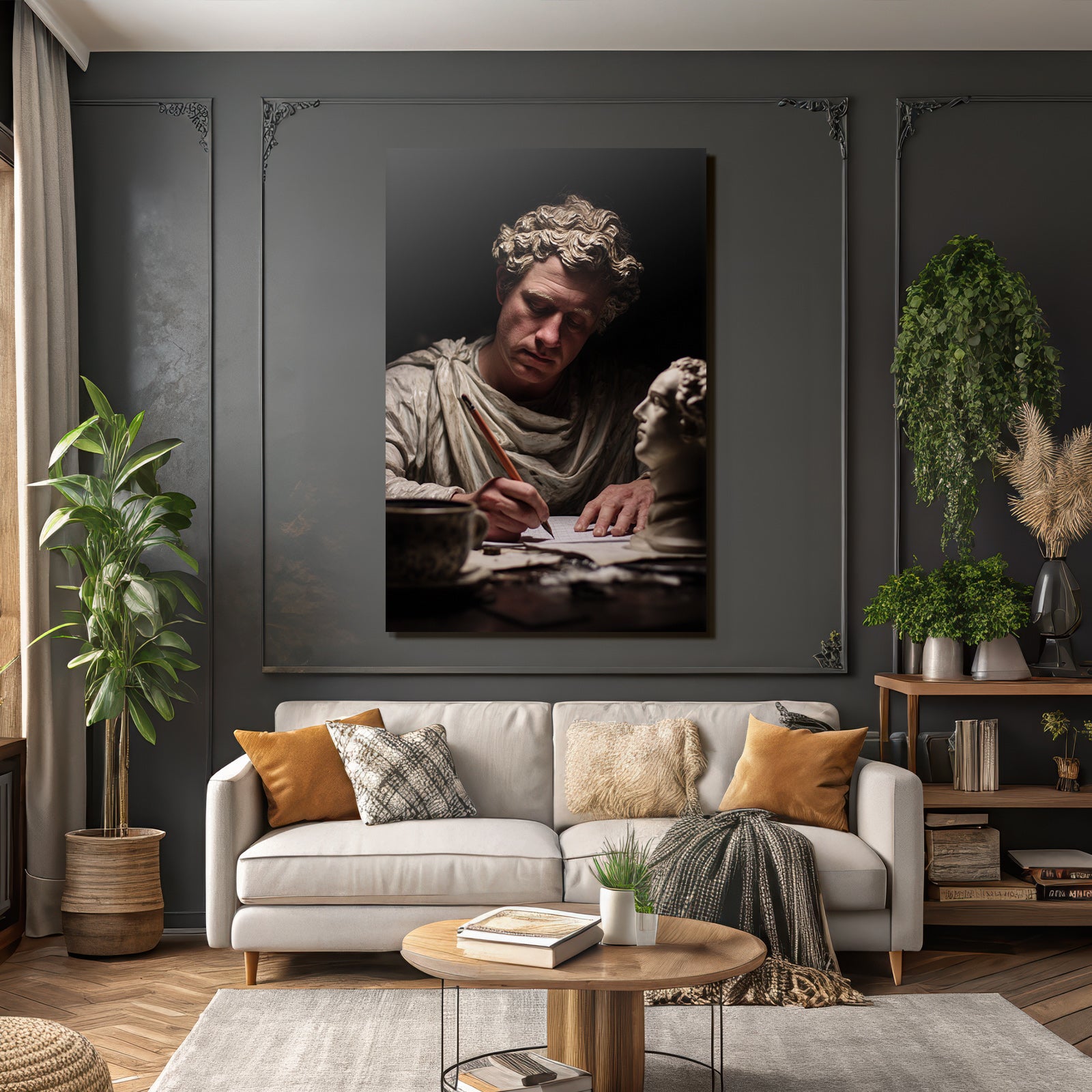 Er Schriftsteller Mit Statue Im Hintergrund Dramatisches Licht