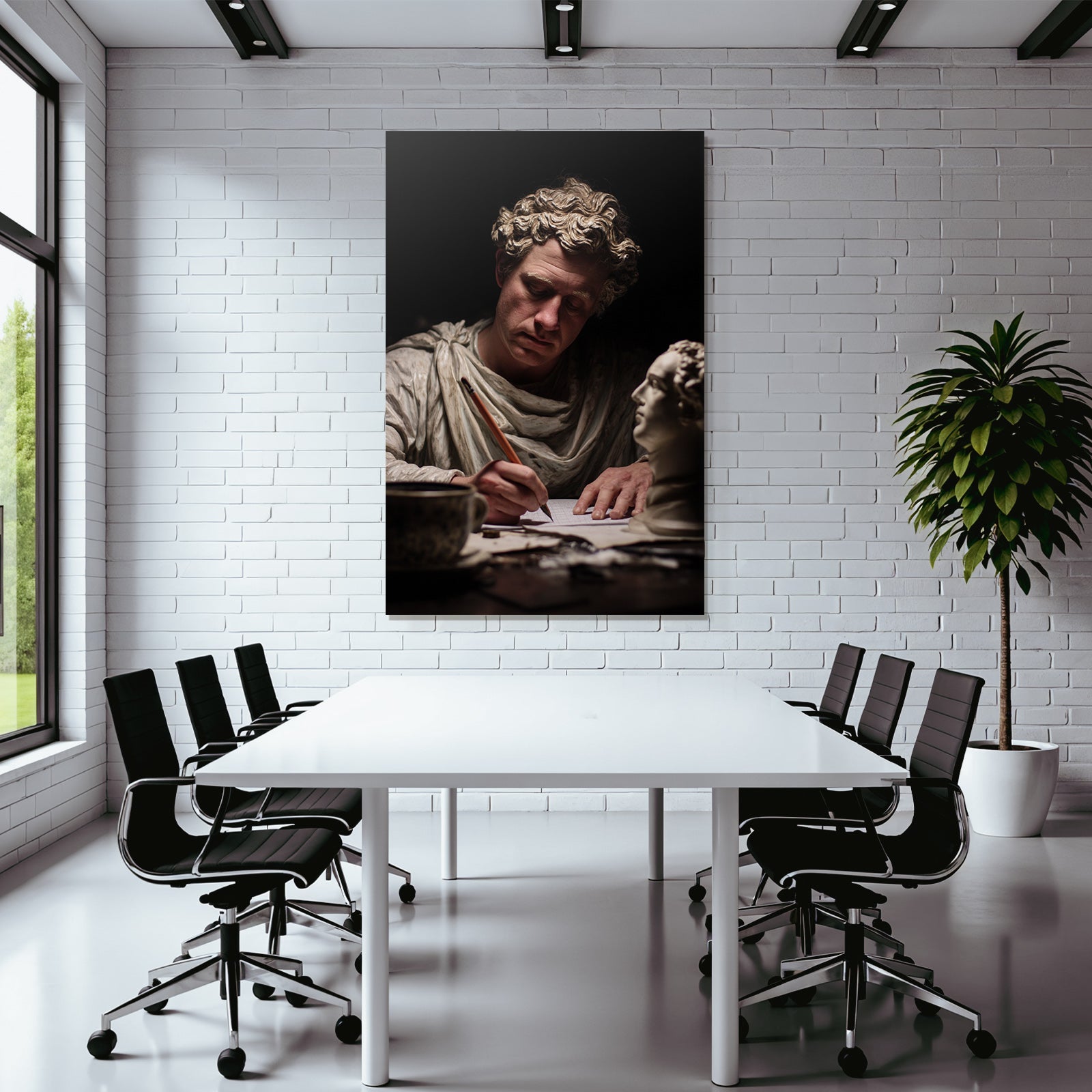 Er Schriftsteller Mit Statue Im Hintergrund Dramatisches Licht