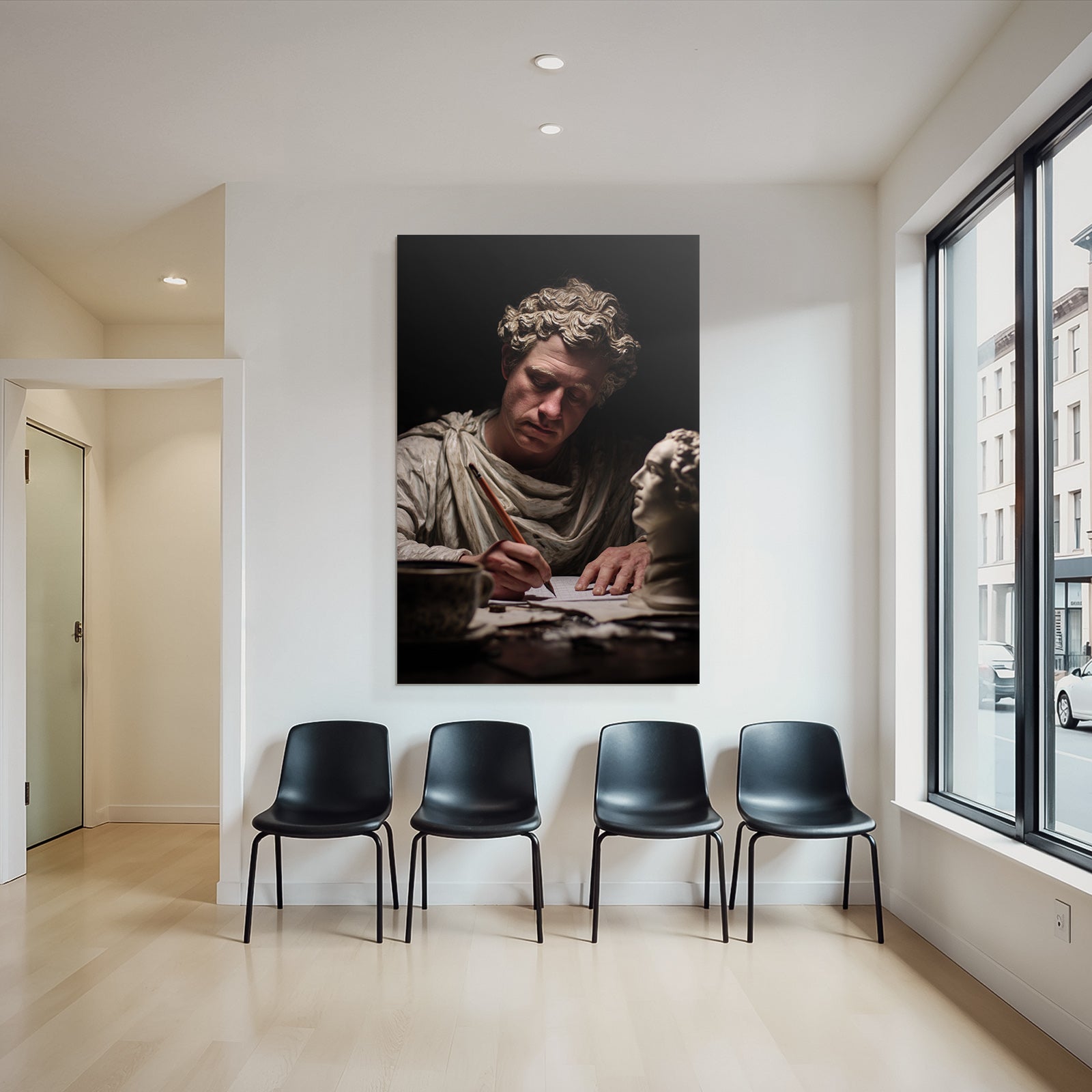 Er Schriftsteller Mit Statue Im Hintergrund Dramatisches Licht