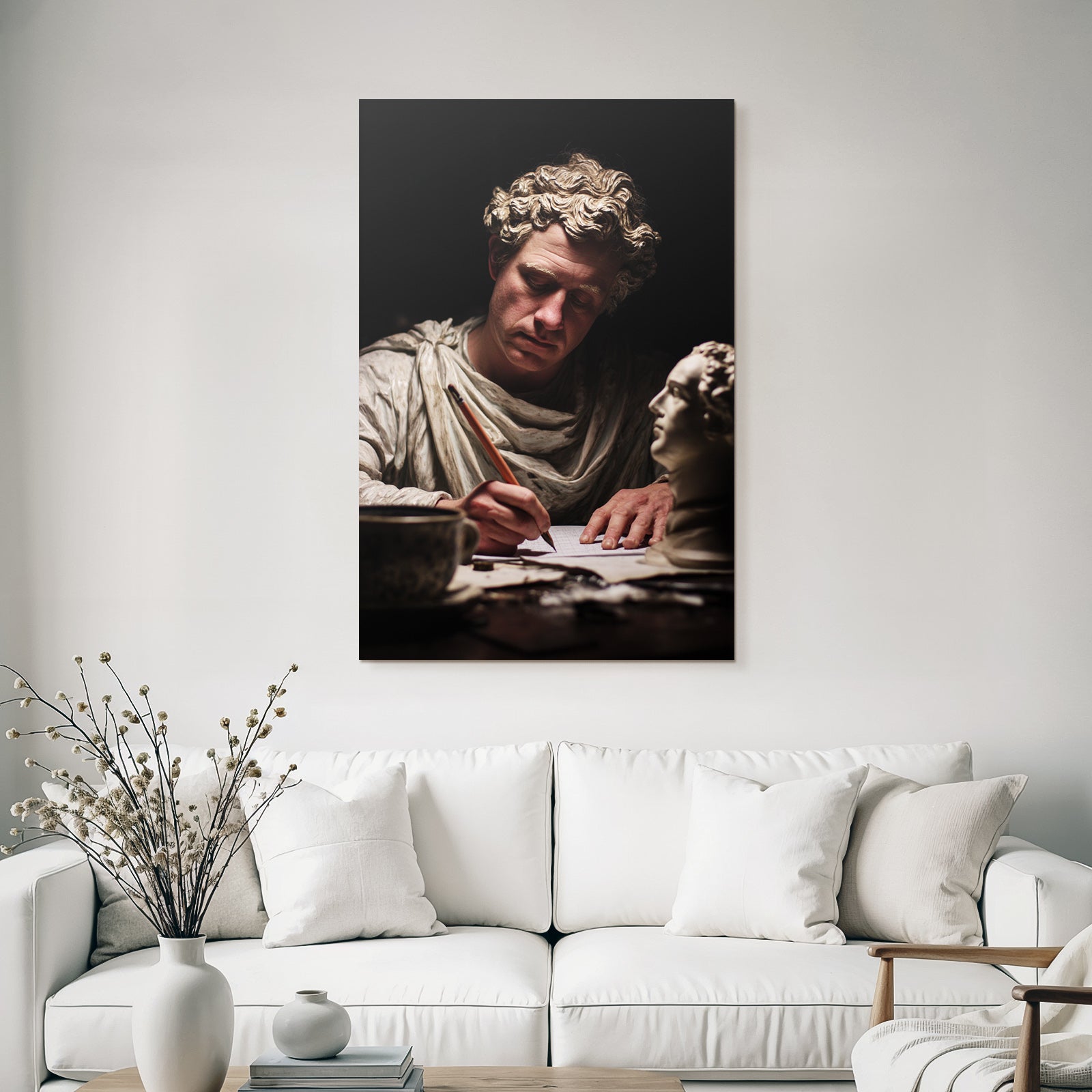Er Schriftsteller Mit Statue Im Hintergrund Dramatisches Licht