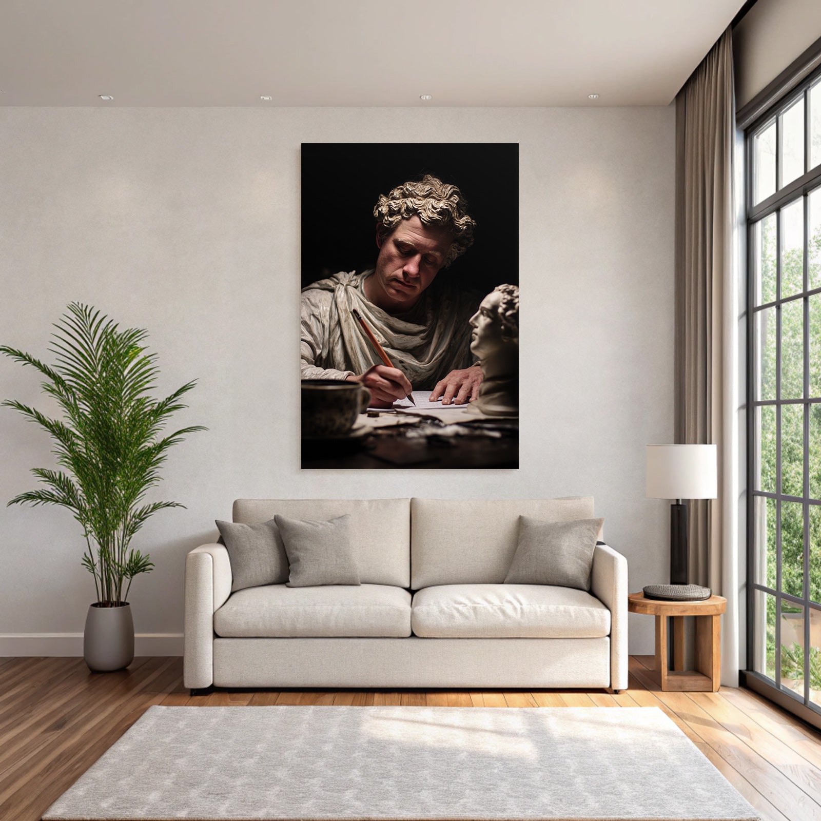 Er Schriftsteller Mit Statue Im Hintergrund Dramatisches Licht