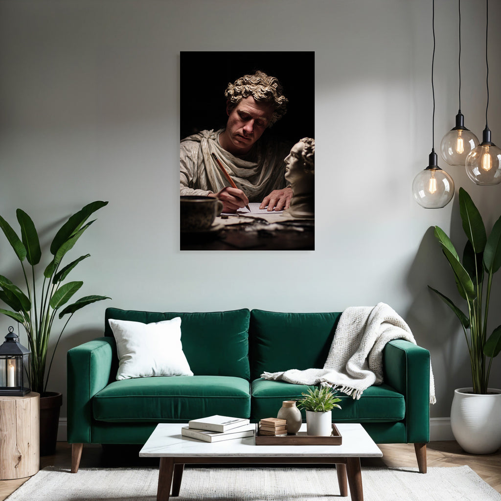 Er Schriftsteller Mit Statue Im Hintergrund Dramatisches Licht