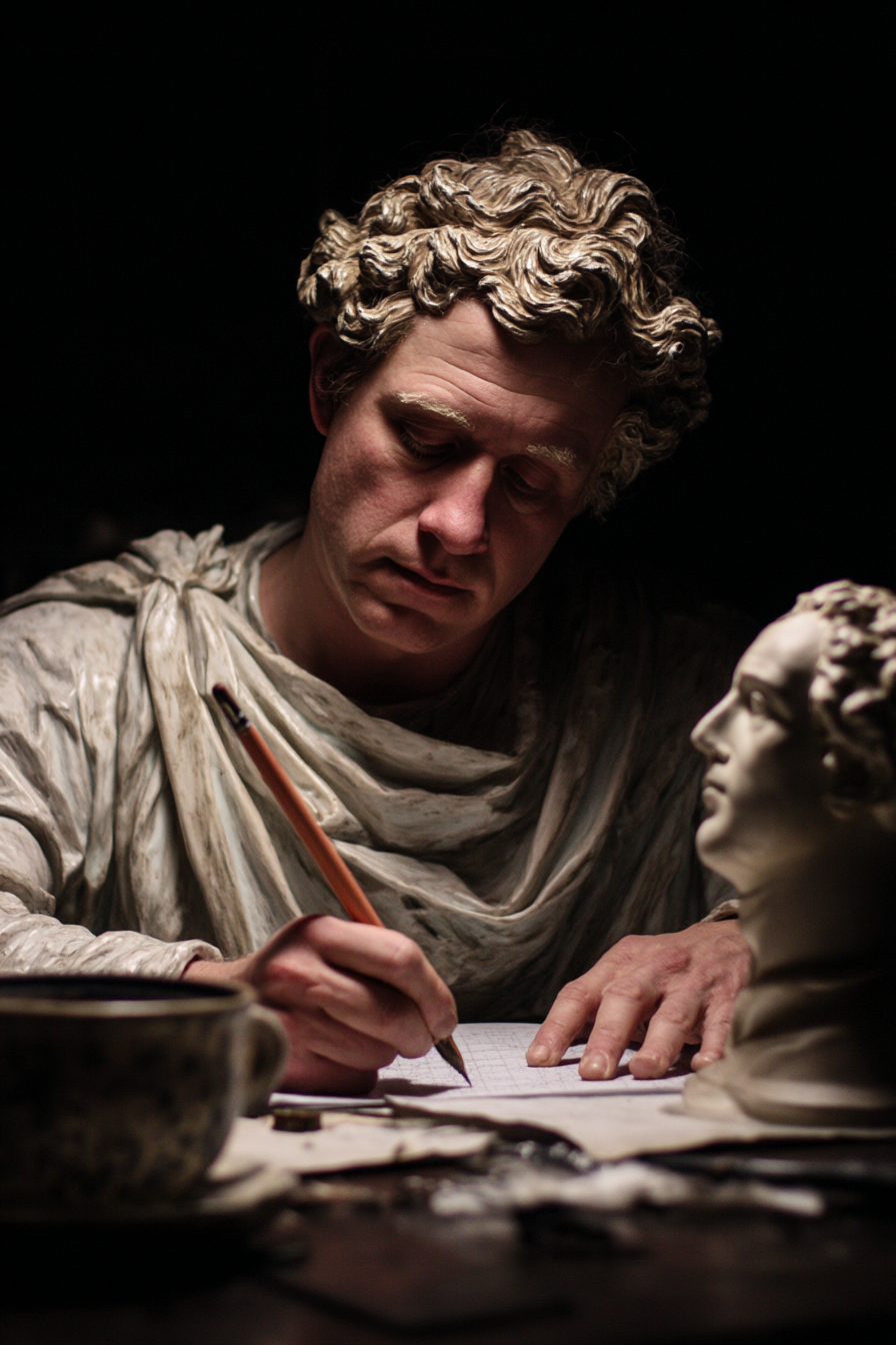 Er Schriftsteller Mit Statue Im Hintergrund Dramatisches Licht | Klassisch | Einrichtungsstile
