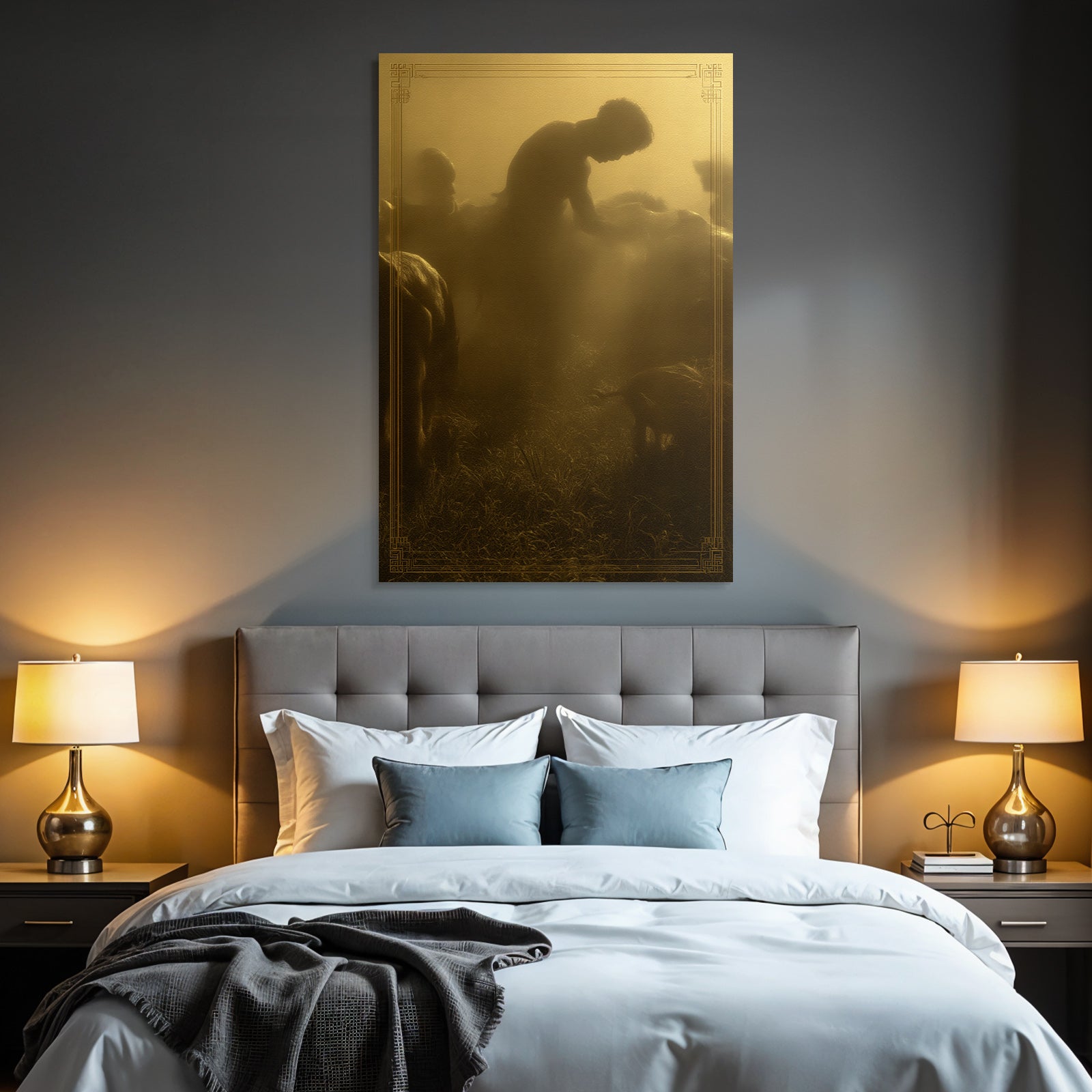 Figur Im Nebligen Laendlichen Raum Mit Tieren Goldene Atmosphaere