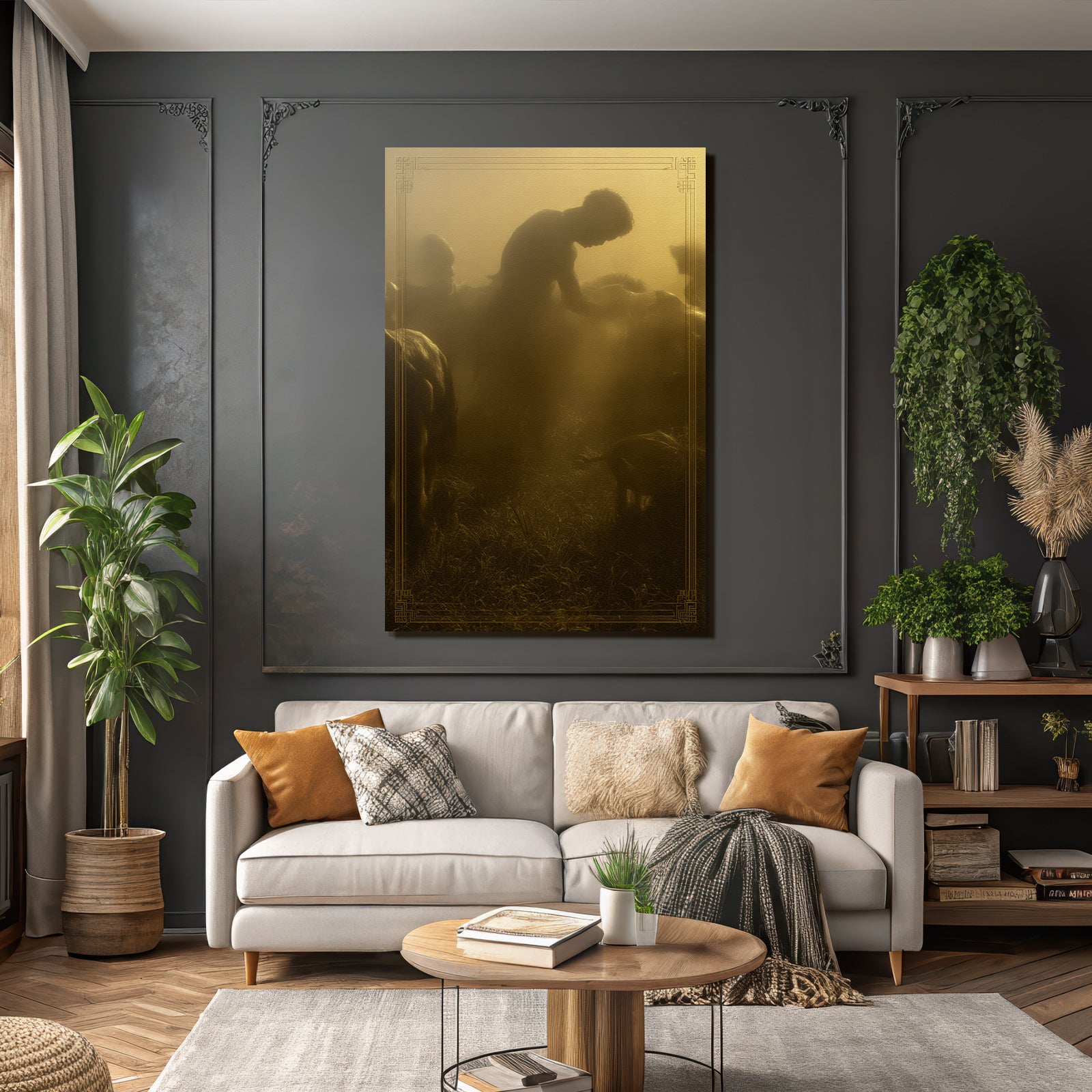 Figur Im Nebligen Laendlichen Raum Mit Tieren Goldene Atmosphaere