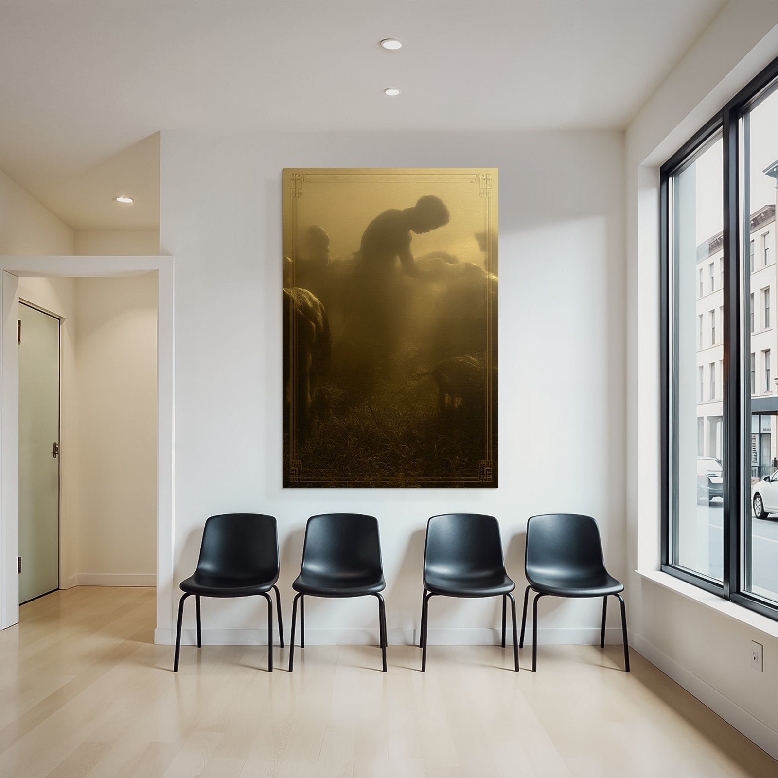 Figur Im Nebligen Laendlichen Raum Mit Tieren Goldene Atmosphaere