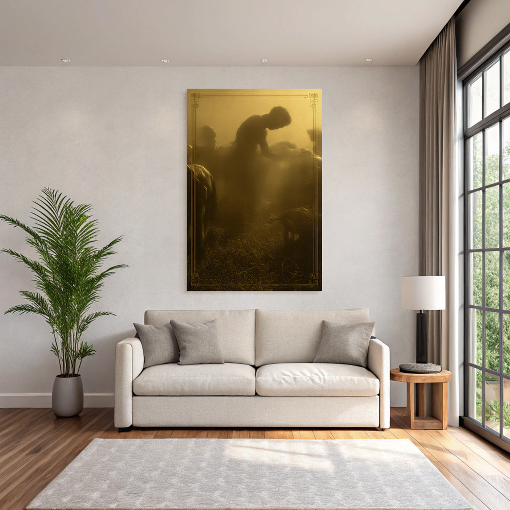 Figur Im Nebligen Laendlichen Raum Mit Tieren Goldene Atmosphaere