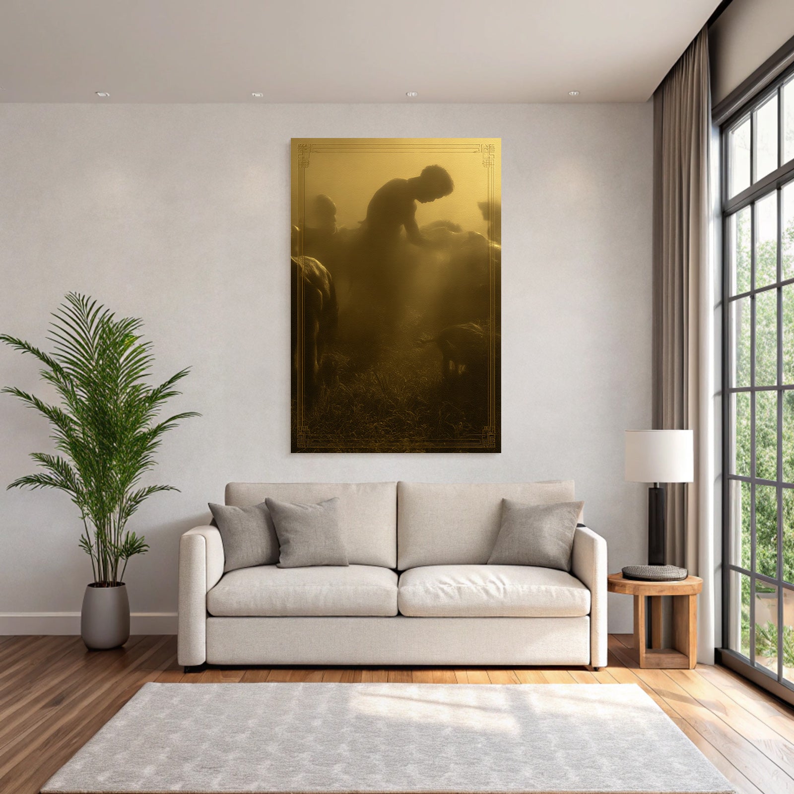 Figur Im Nebligen Laendlichen Raum Mit Tieren Goldene Atmosphaere