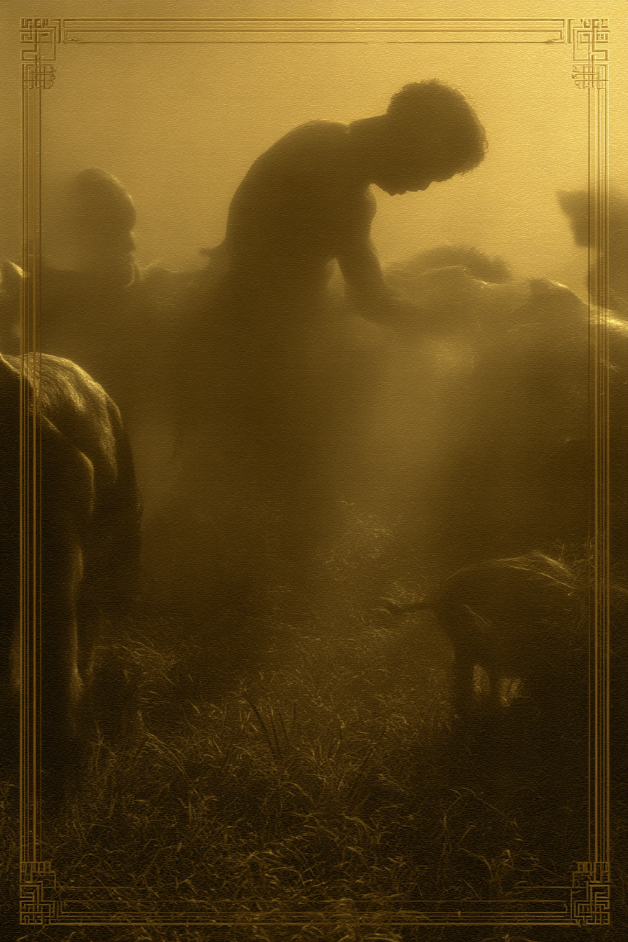 Figur Im Nebligen Laendlichen Raum Mit Tieren Goldene Atmosphaere | Klassisch | Einrichtungsstile