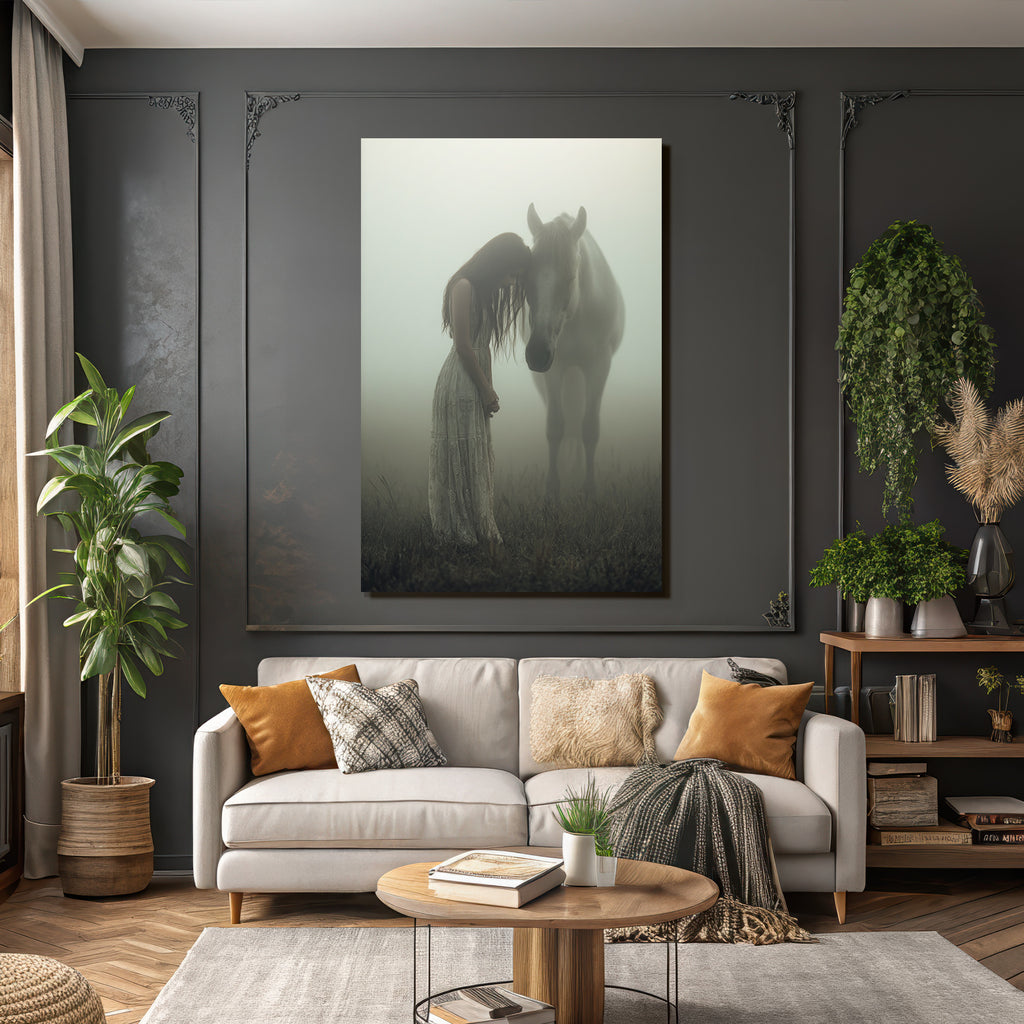 Flaurige Landschaft Frau Horse Zarte Verbindung Im Nebel