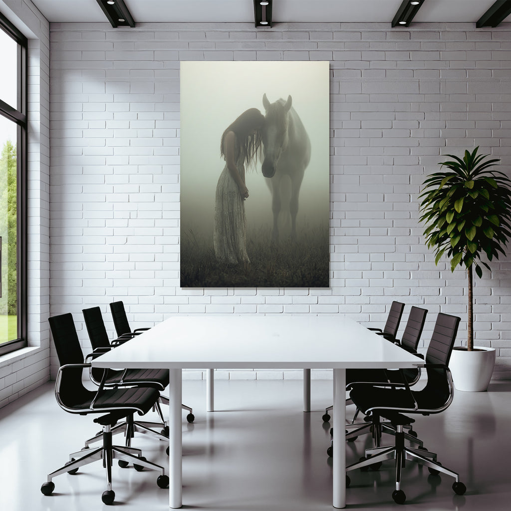 Flaurige Landschaft Frau Horse Zarte Verbindung Im Nebel