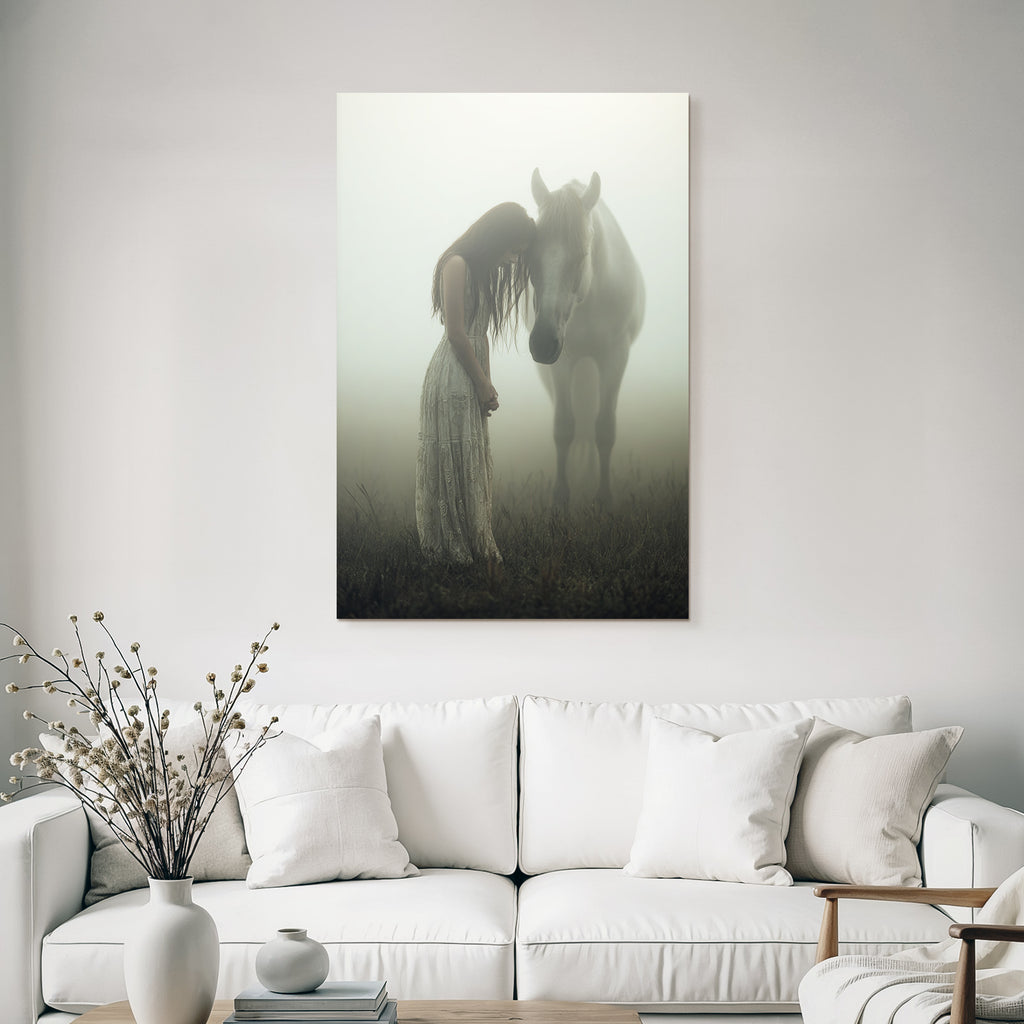 Flaurige Landschaft Frau Horse Zarte Verbindung Im Nebel