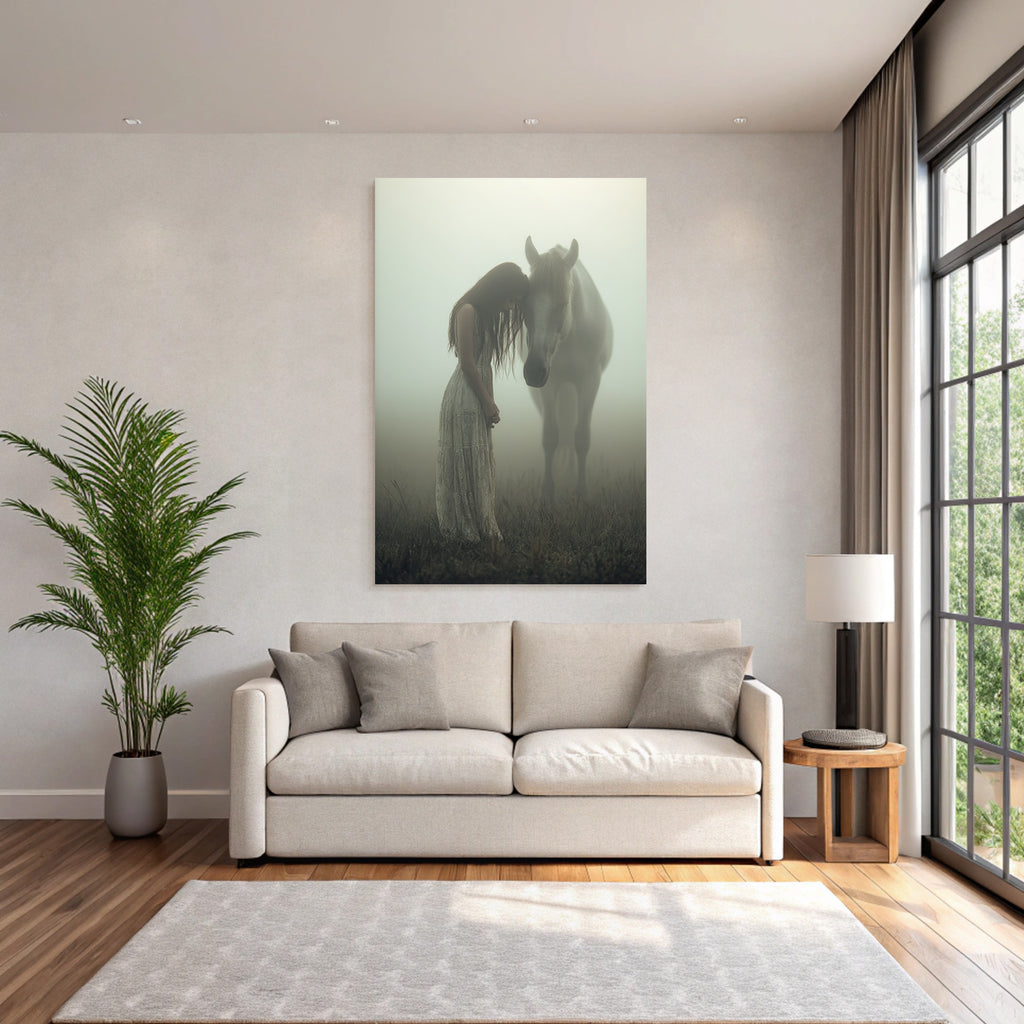 Flaurige Landschaft Frau Horse Zarte Verbindung Im Nebel