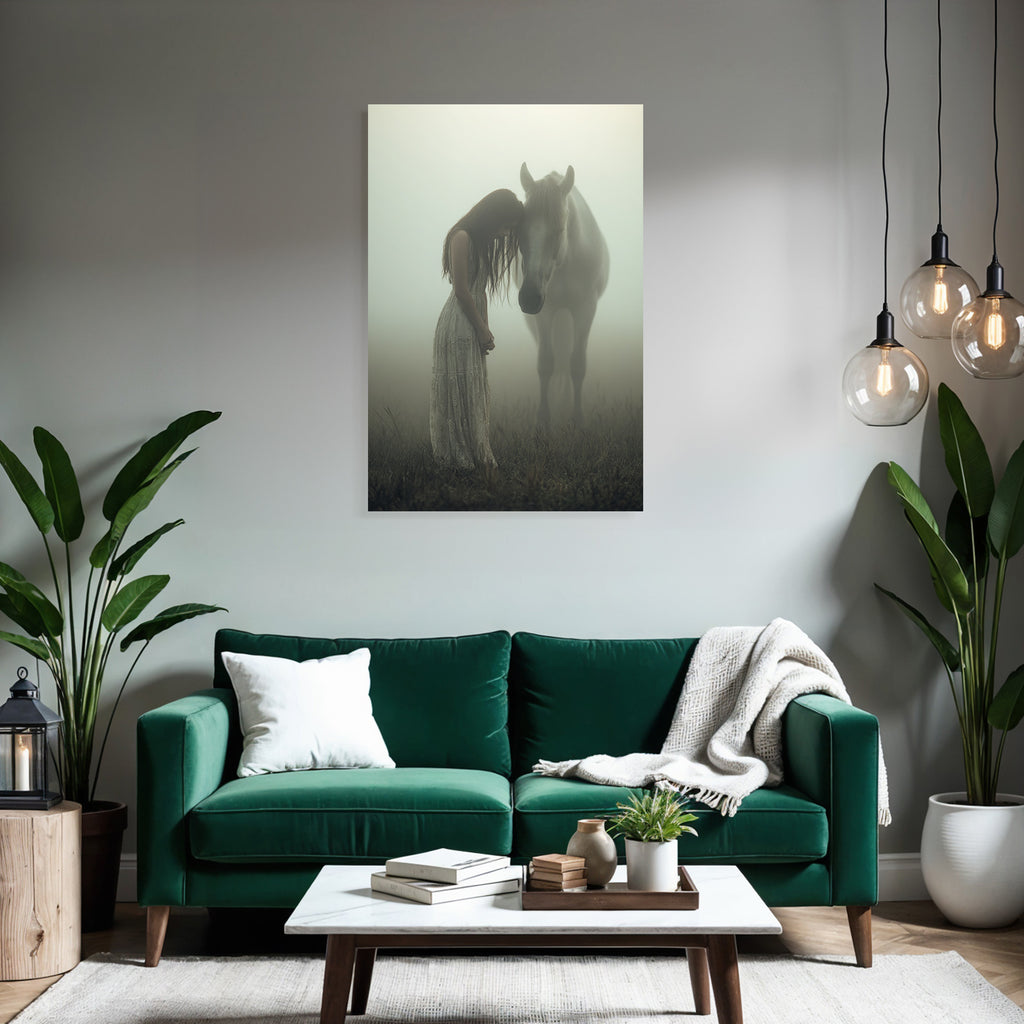 Flaurige Landschaft Frau Horse Zarte Verbindung Im Nebel