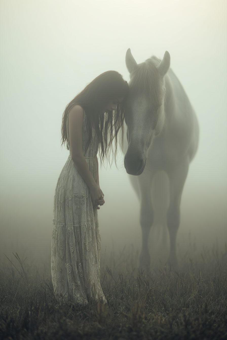 Flaurige Landschaft Frau Horse Zarte Verbindung Im Nebel | Klassisch | Einrichtungsstile
