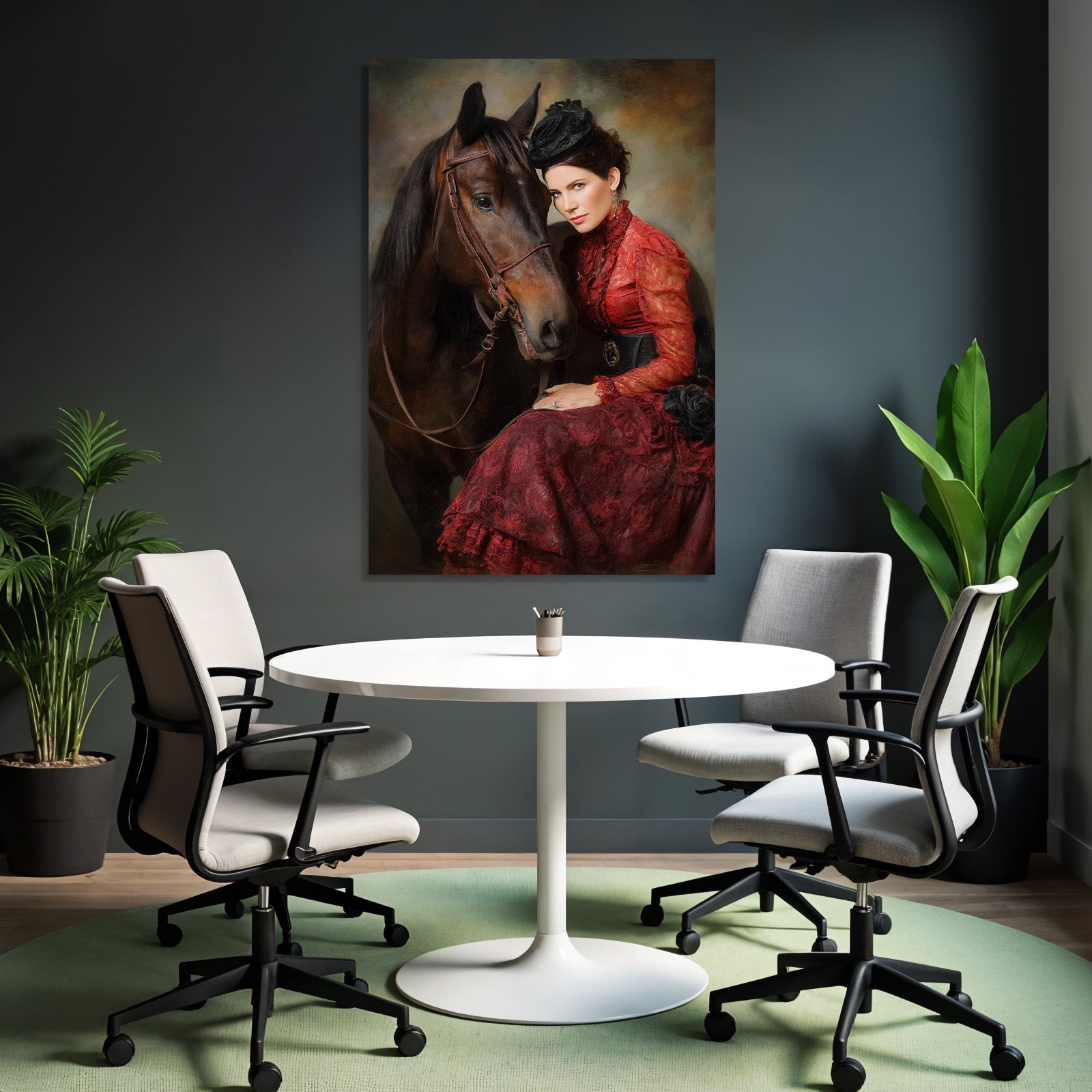Frau Mit Pferd In Vintage Rotem Kleid Mit Hut Eleganz Nostalgie